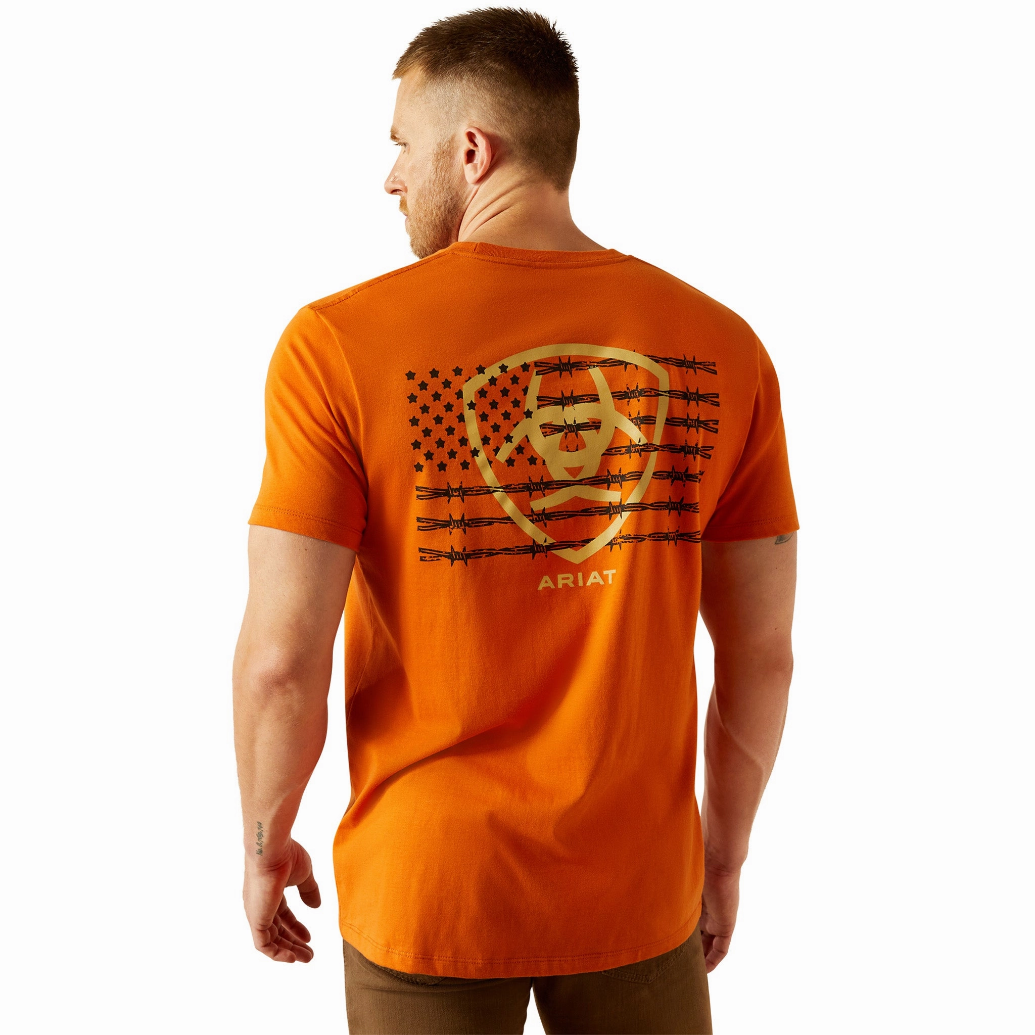 Ariat Men's Rust Orange Barbwire Flag & Shield Tee Eco friendly materials