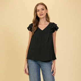 Minimalist Silhouette Cut Women's Solid Black With Ruffle Short Sleeves