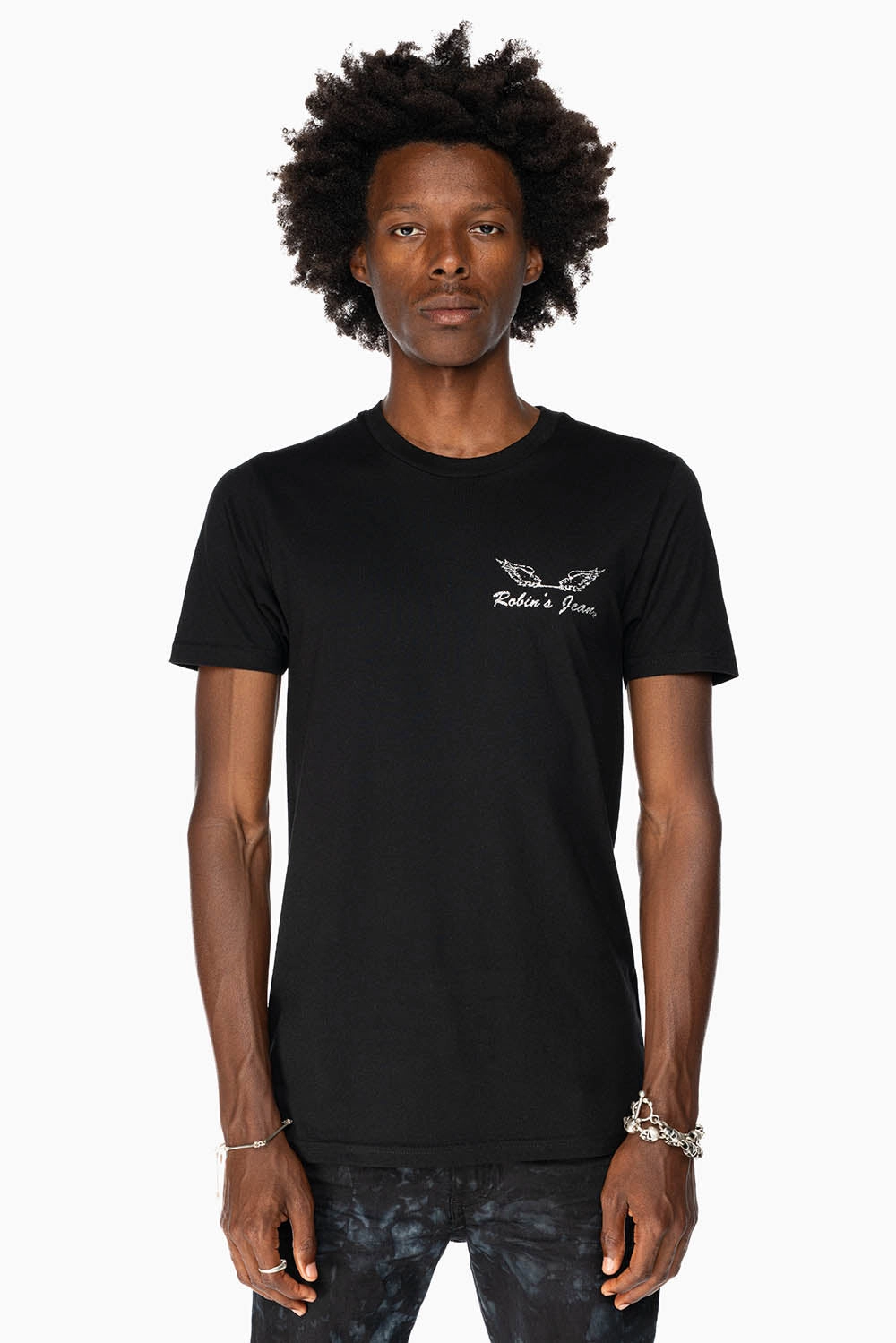 ROBIN??S LOGO WINGS TEE IN BLACK SILVER GLITTER Fashionable Wear BreathableMeshLining