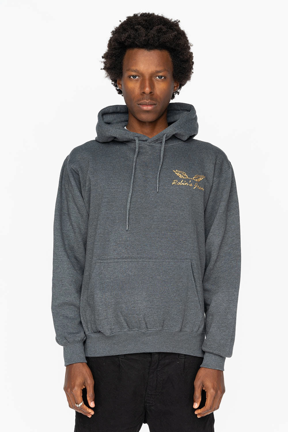 Chilly Knitwear Lightweight Thermal PULLOVER HOODIE IN DARK HEATHER  WITH GOLD GLITTER FLEUR