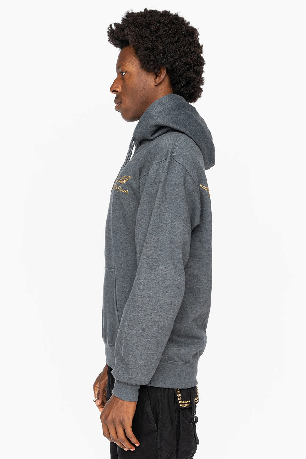PULLOVER HOODIE IN DARK HEATHER  WITH GOLD GLITTER FLEUR UV Protective Coating Eco Conscious Manufacturing