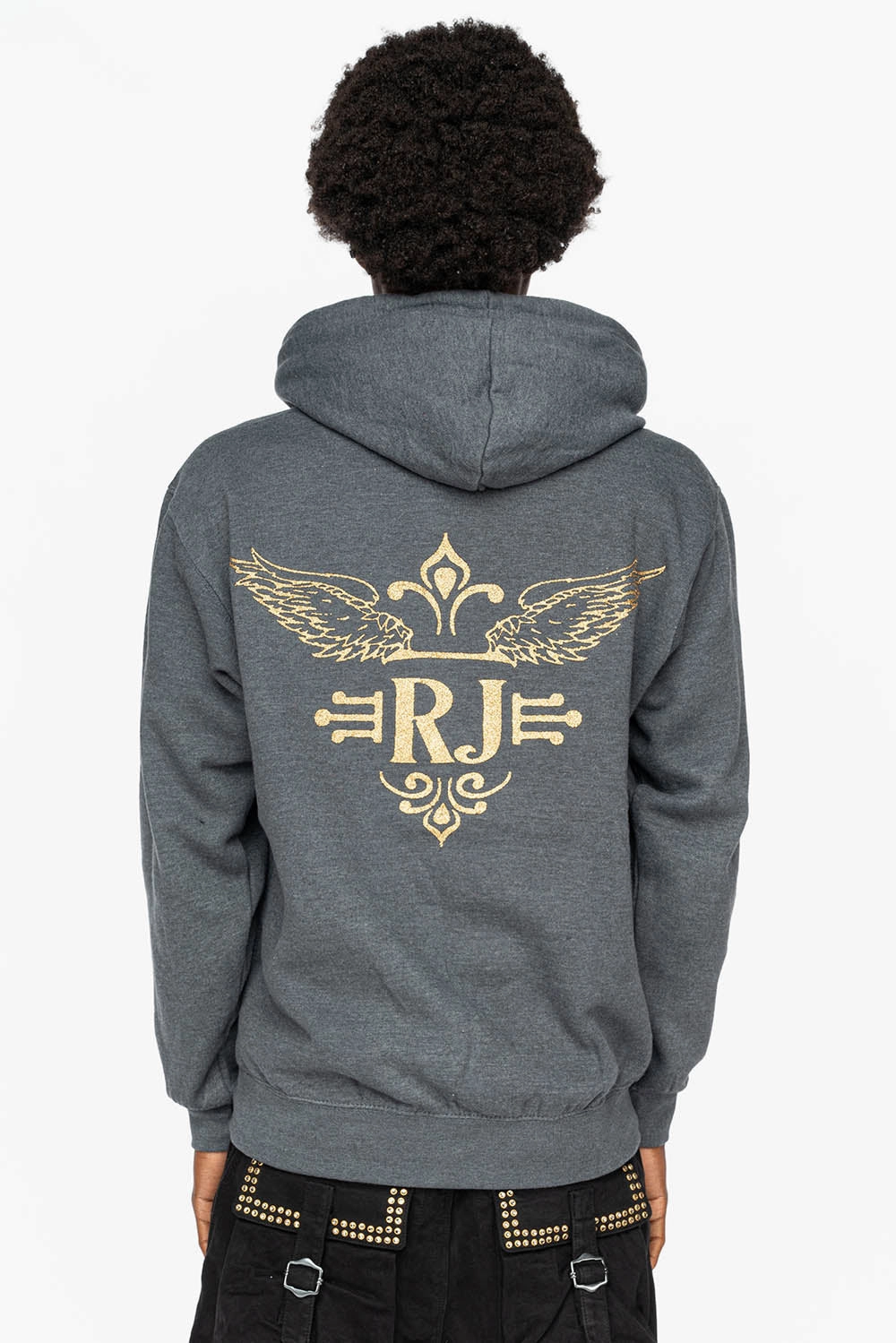 PULLOVER HOODIE IN DARK HEATHER  WITH GOLD GLITTER FLEUR Snuggle Look Cozy Chic