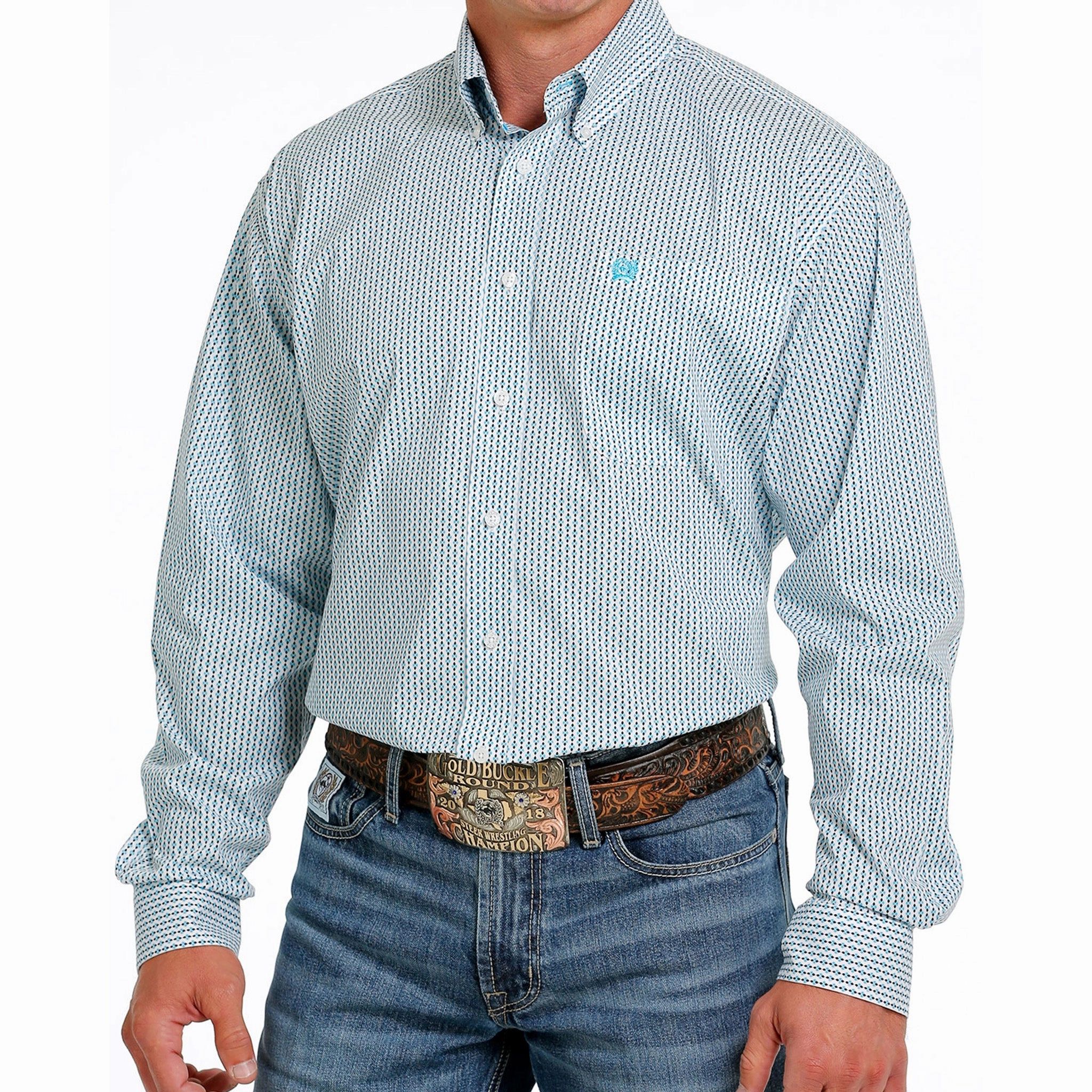 Cinch Men's Geo Blue & White Print Shirt Cooling Mesh Lining Versatile Piece