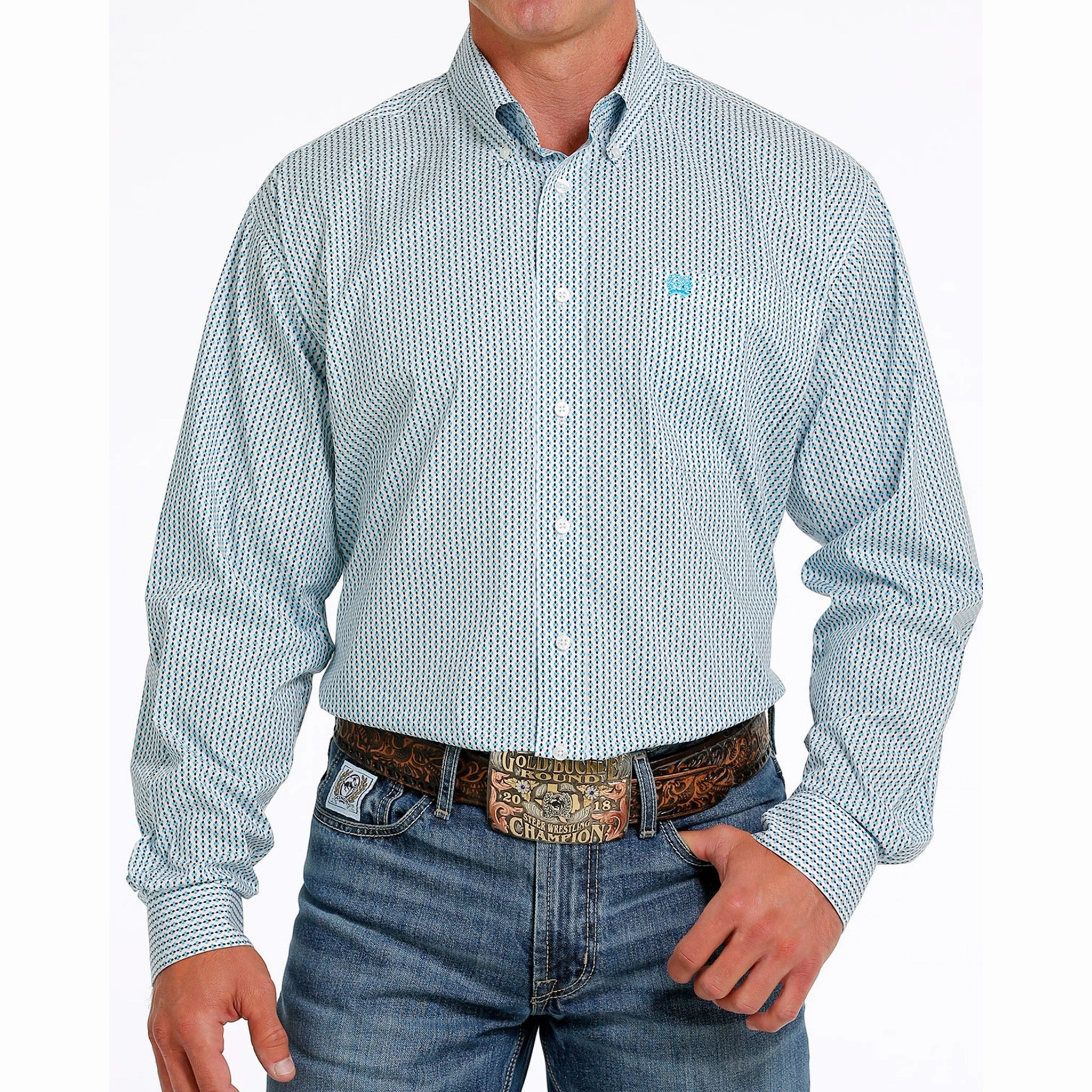 Chic Look Cinch Men's Geo Blue & White Print Shirt
