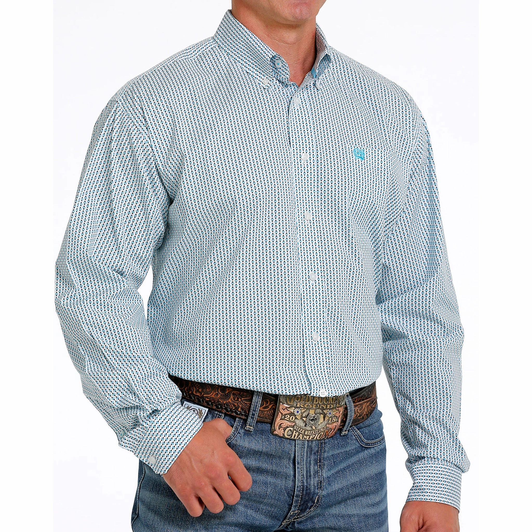 Summer Fashion Cinch Men's Geo Blue & White Print Shirt