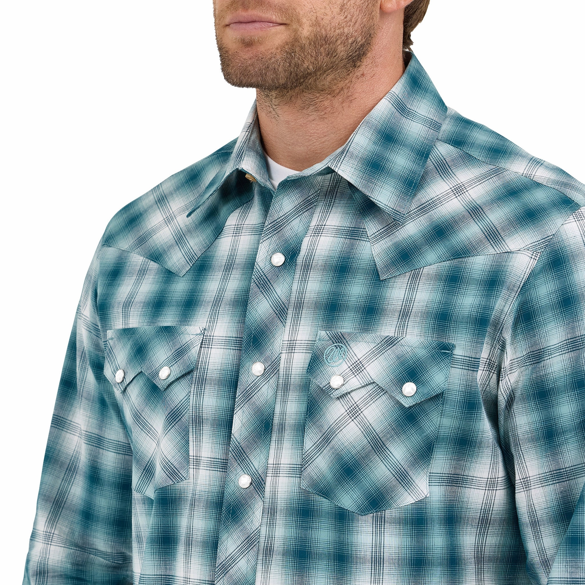 Simple Layer Geometric Shape Wrangler Men's Teal Plaid Western Long Sleeve Shirt