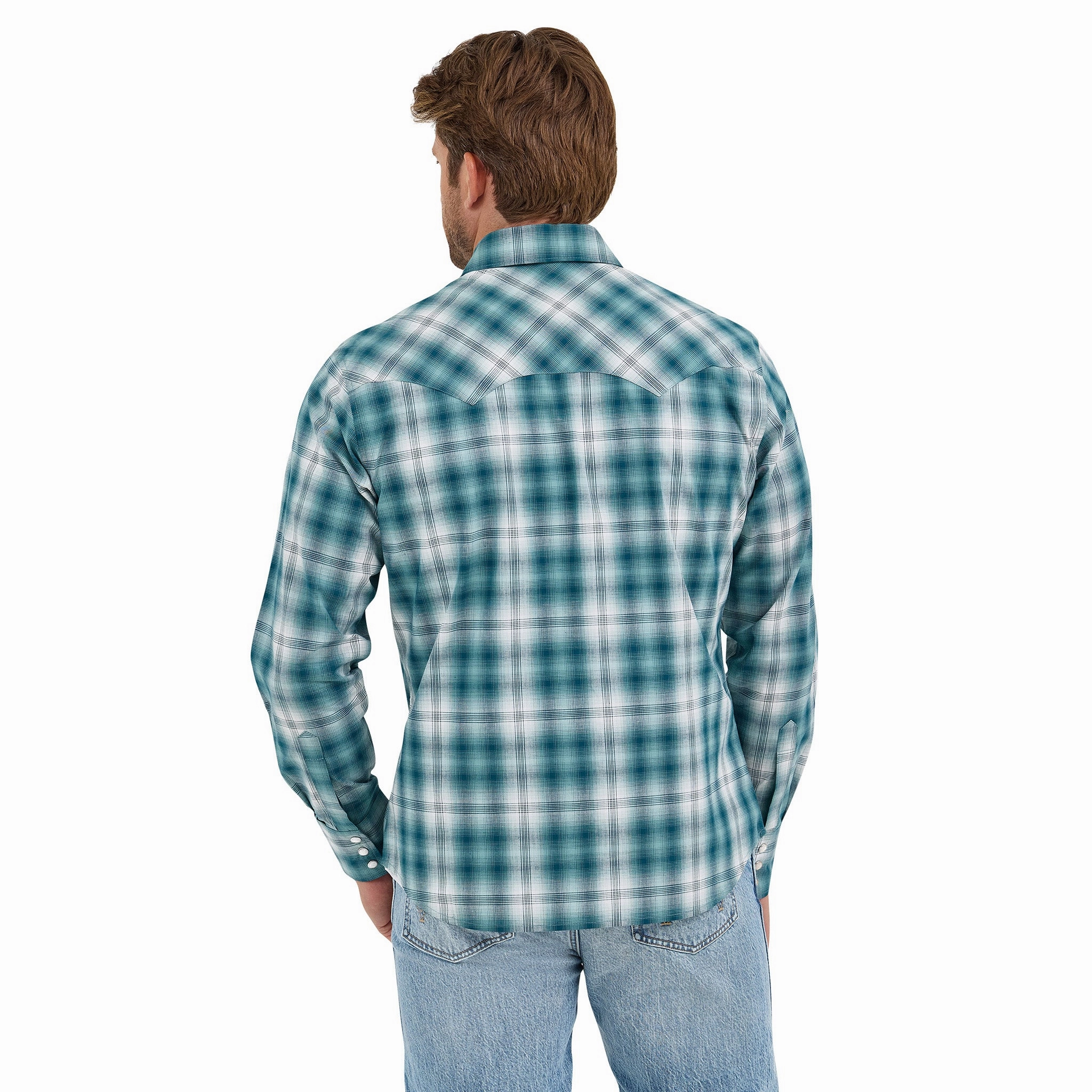 Ribbed Trim Wrangler Men's Teal Plaid Western Long Sleeve Shirt