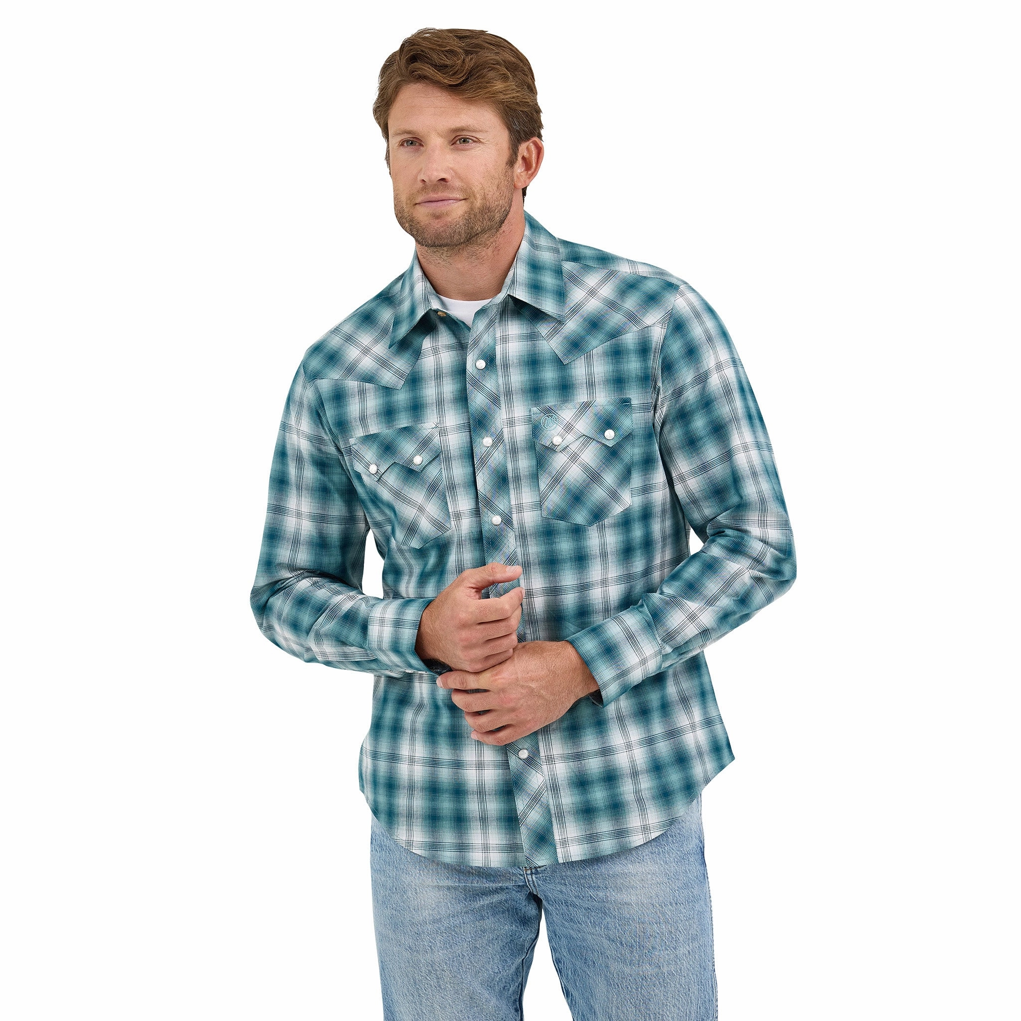 Wrangler Men's Teal Plaid Western Long Sleeve Shirt Workwear Style