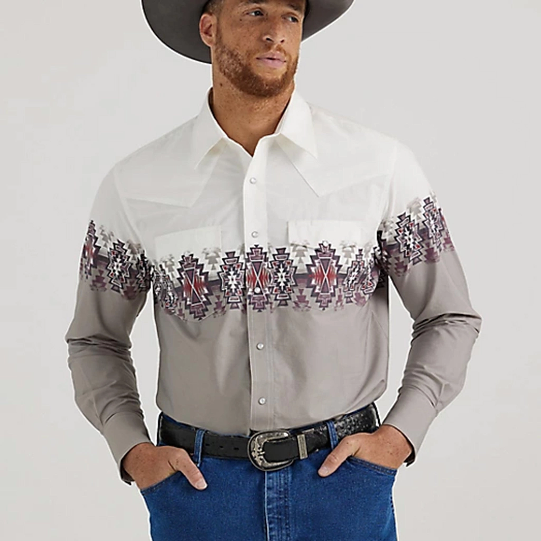 Contemporary Design Wrangler Men's White/Grey Aztec Border Shirt