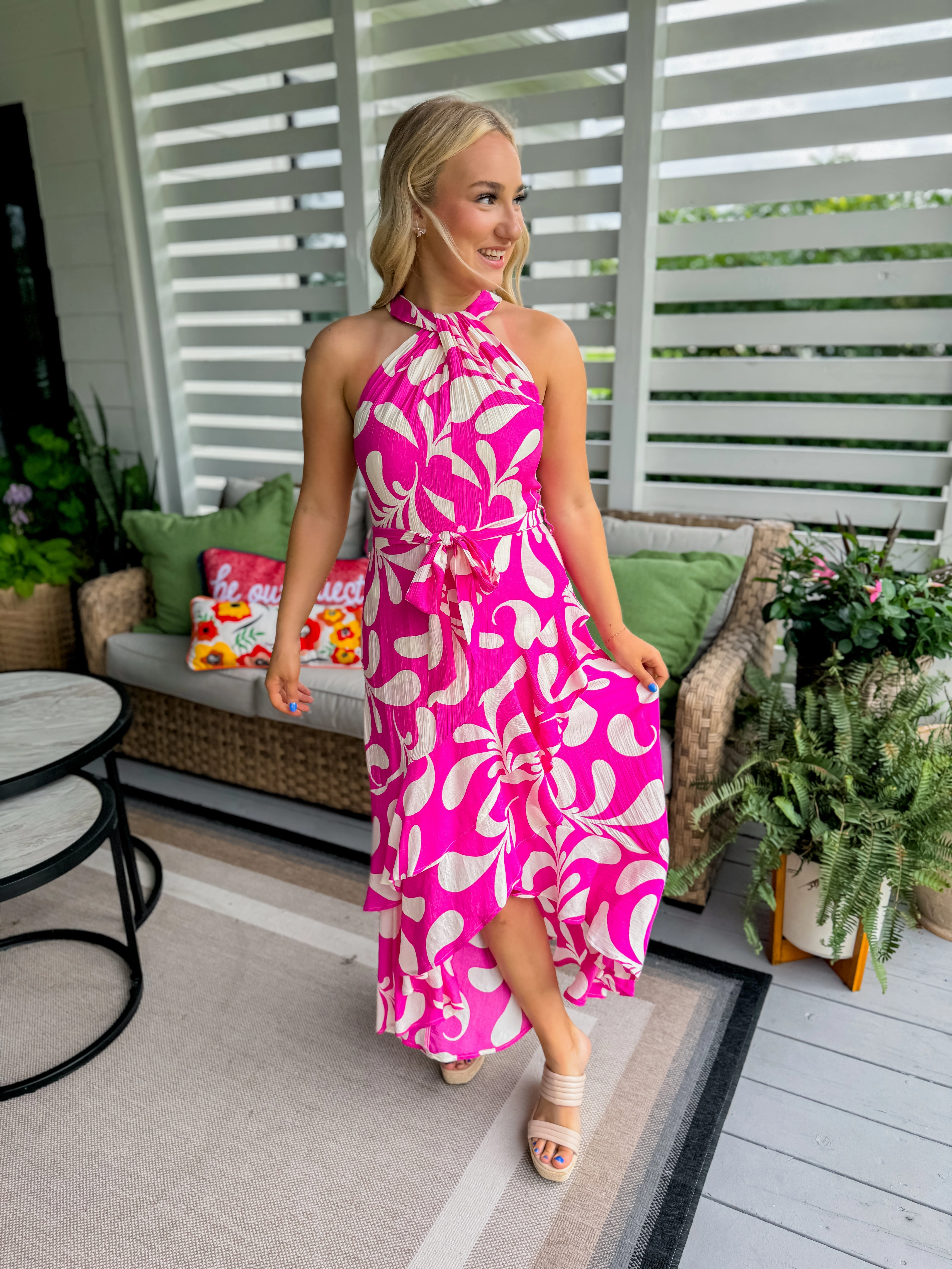 Balloon-Sleeve Leaf Print Halter Neck Midi Dress in Hot Pink