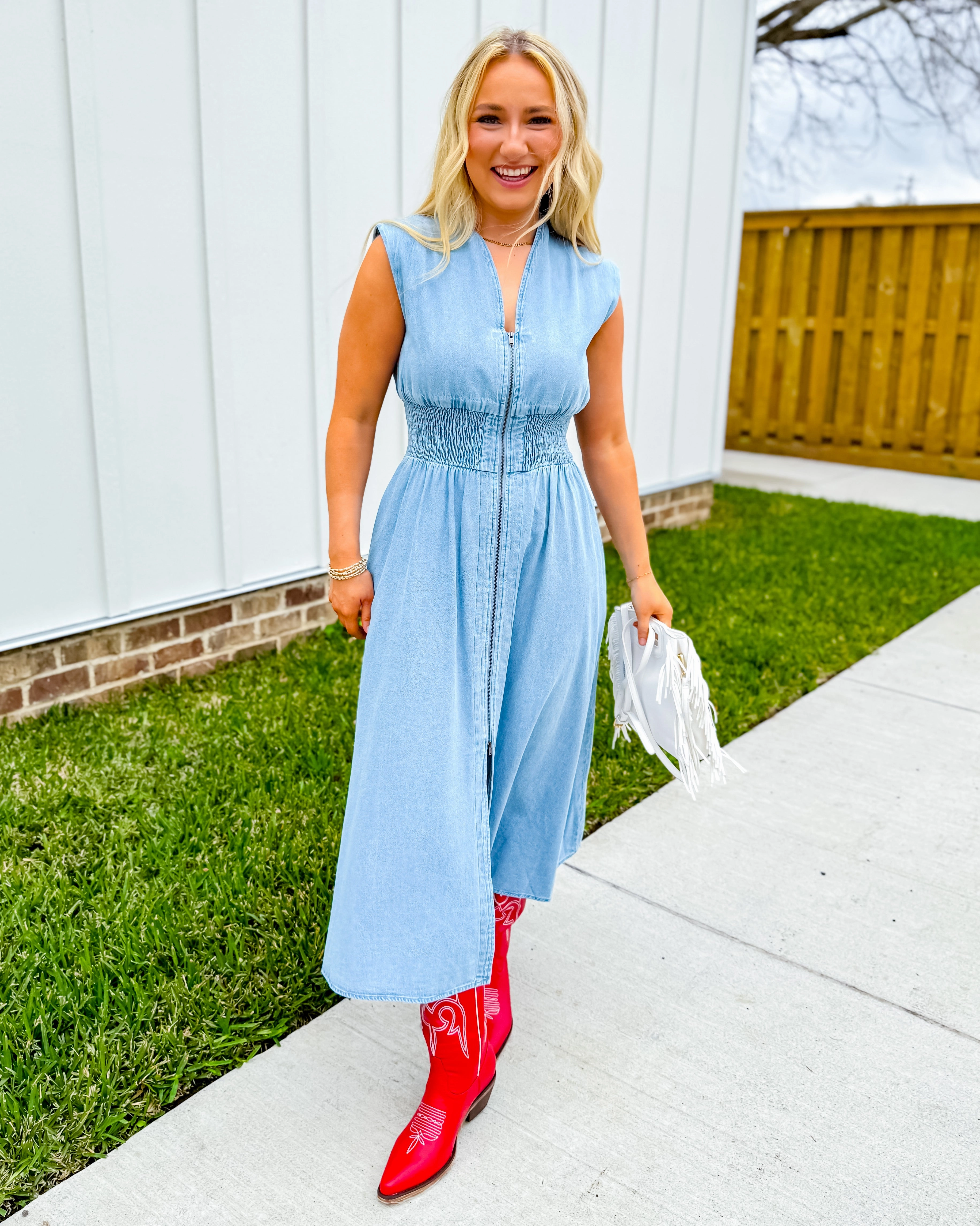 Sleeveless Denim Smocked Waist Midi Dress Effortless Elegance