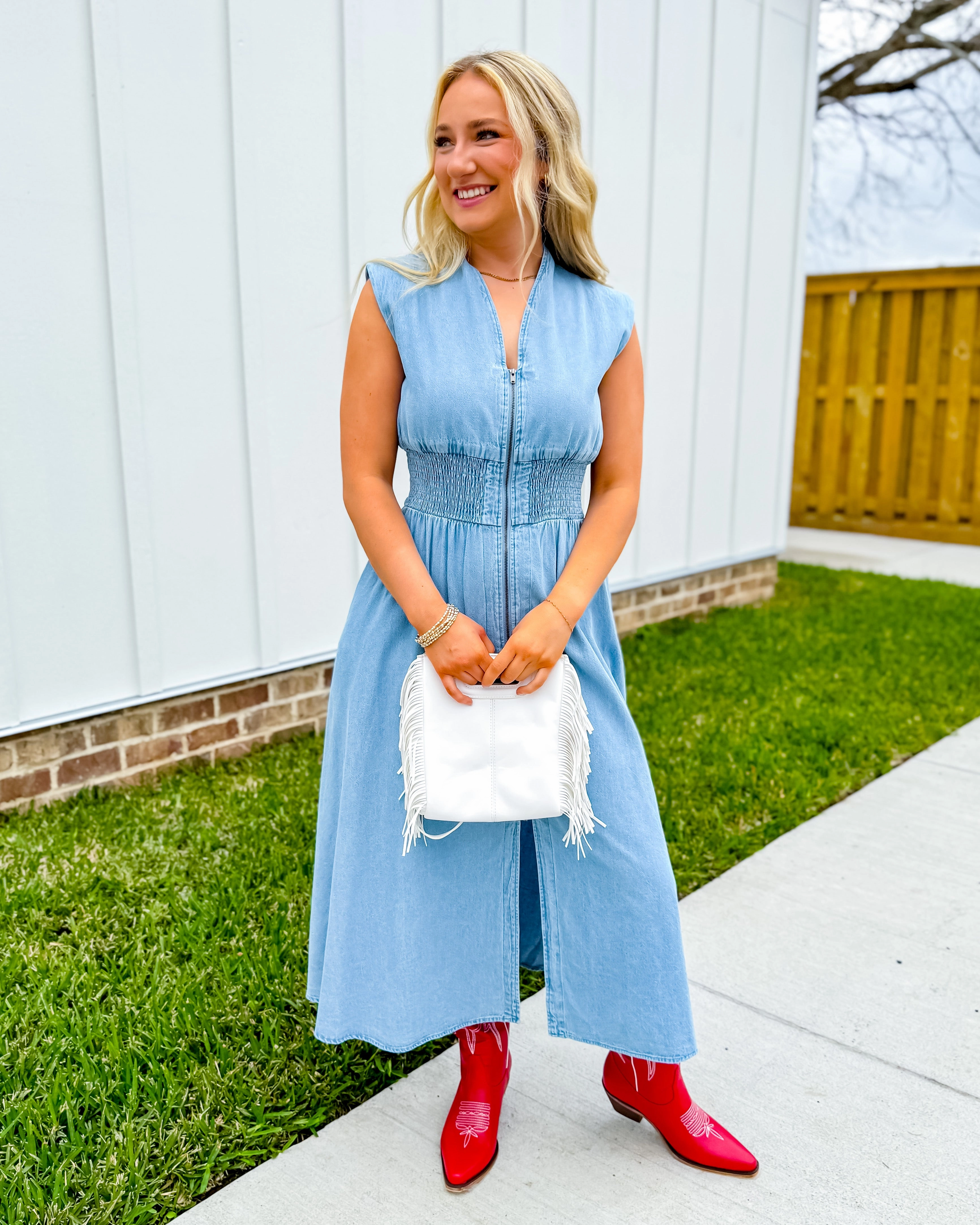 Fashionable Comfort Wear Linen Love Sleeveless Denim Smocked Waist Midi Dress