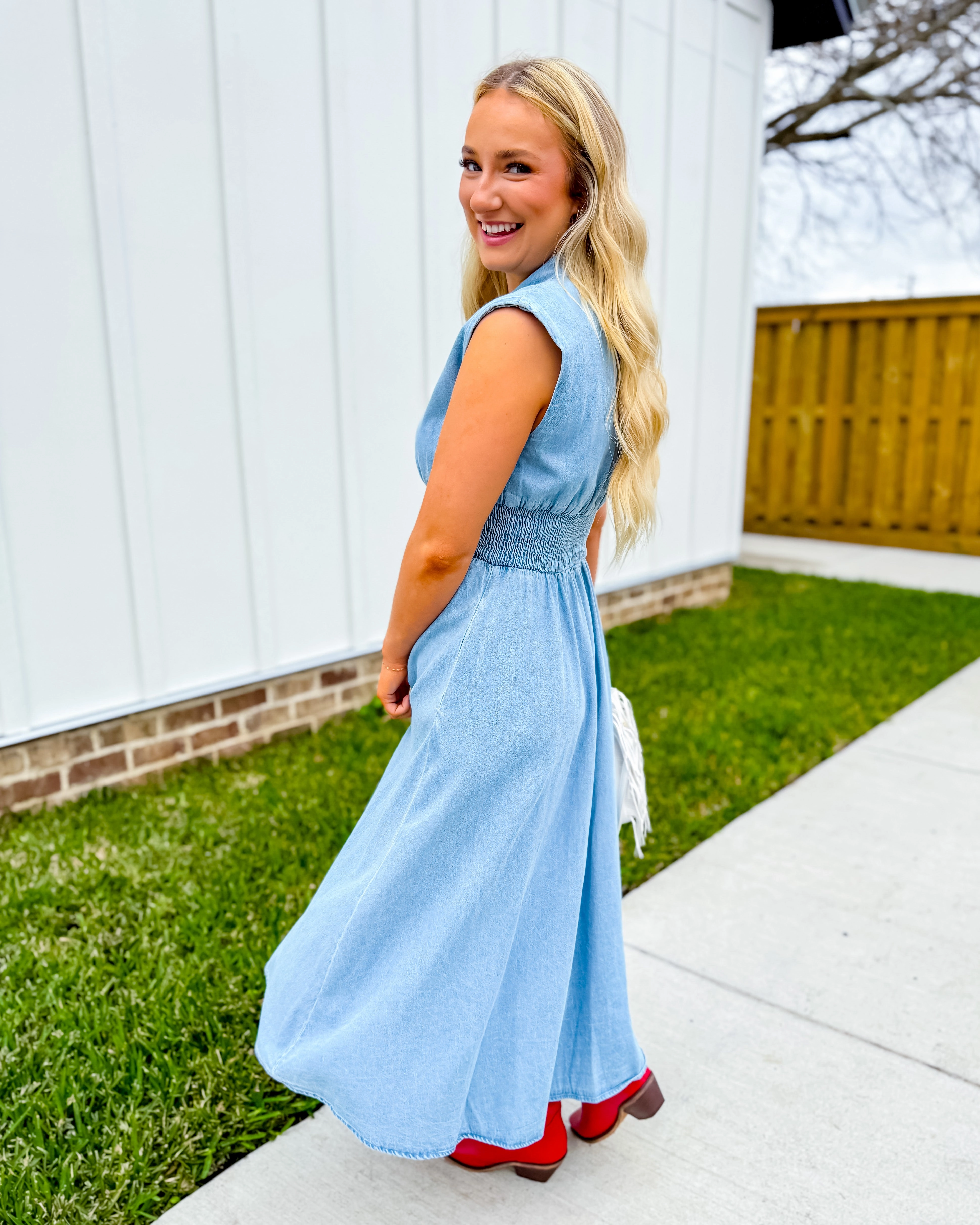 Unique Cut Rooftop-Event Sleeveless Denim Smocked Waist Midi Dress