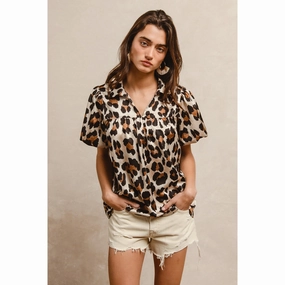 ContrastStitching TearResistantWeave Leopard Print Shirring Yoke Puff Short Sleeve Shirt