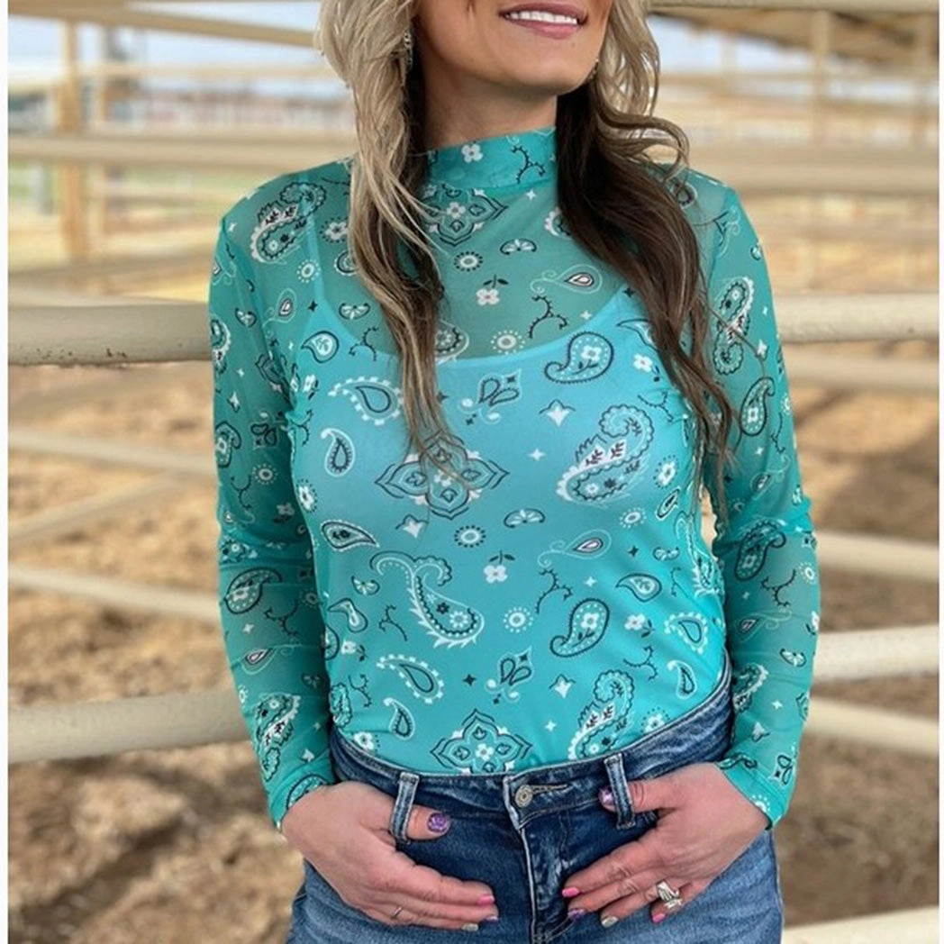 Turquoise Bandana Pattern Mesh Long Sleeve Top FlexibleCuffs