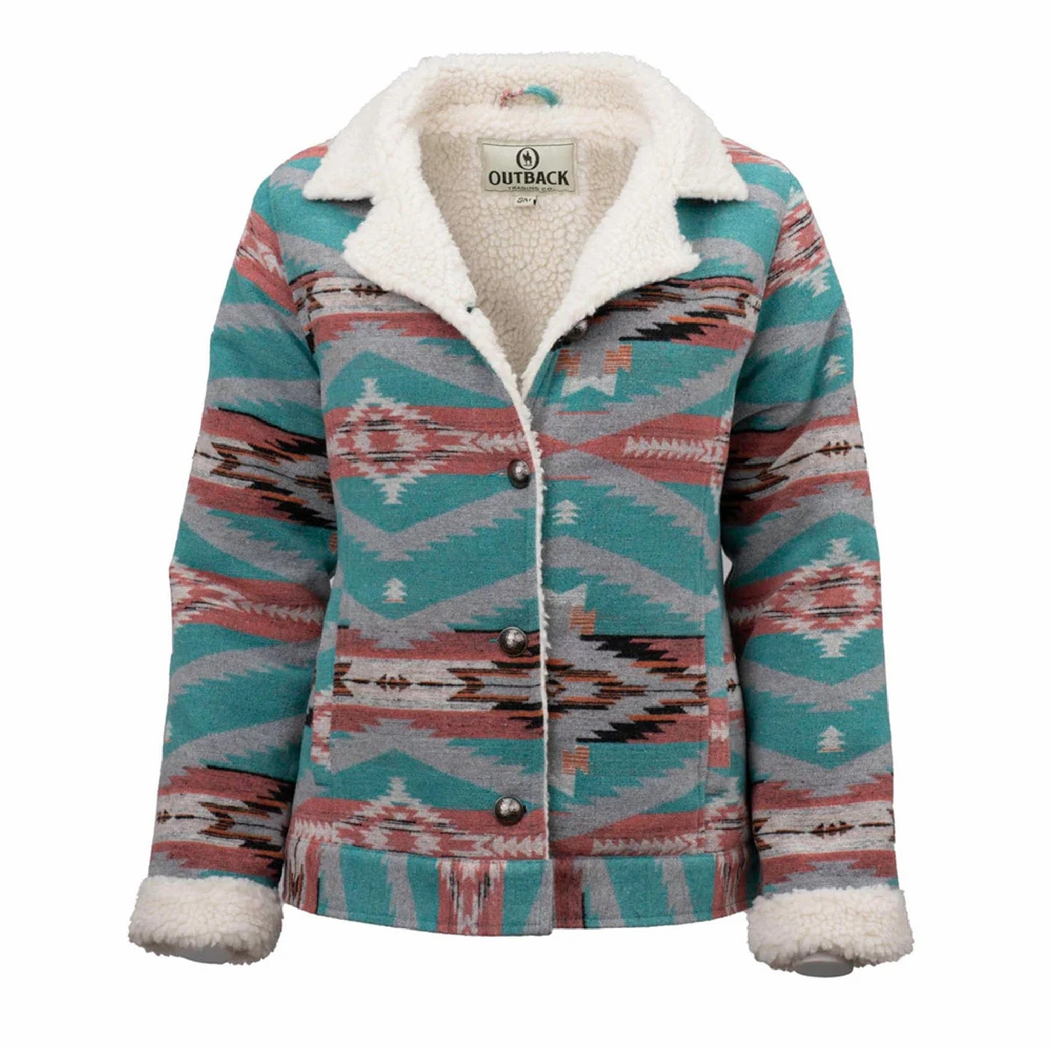 Outback Turquoise and Coral Aztec Berber Jacket Flexible Shoulder Gussets AntiPillingFinish