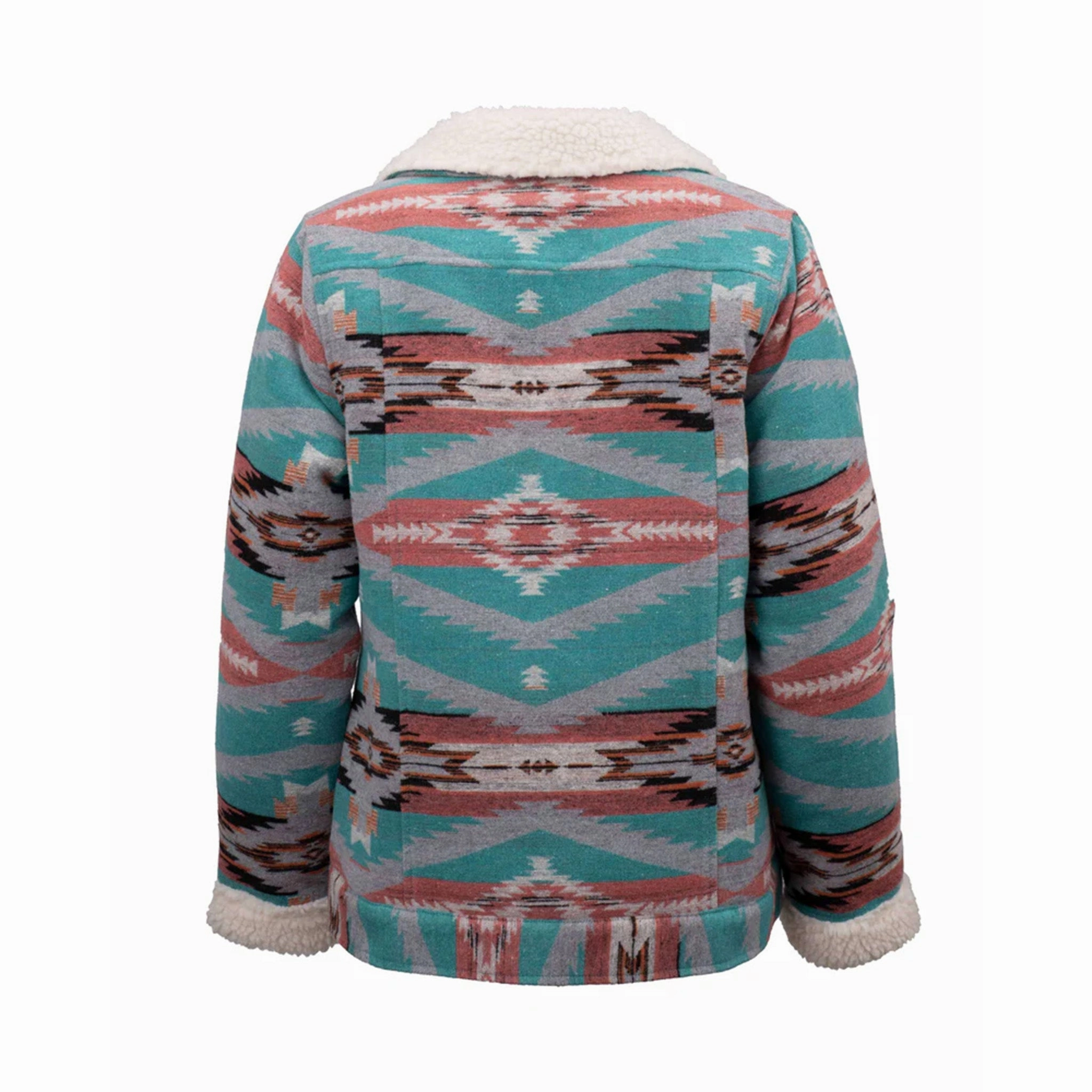 Outback Turquoise and Coral Aztec Berber Jacket Non Restrictive Fit Sustainable Material