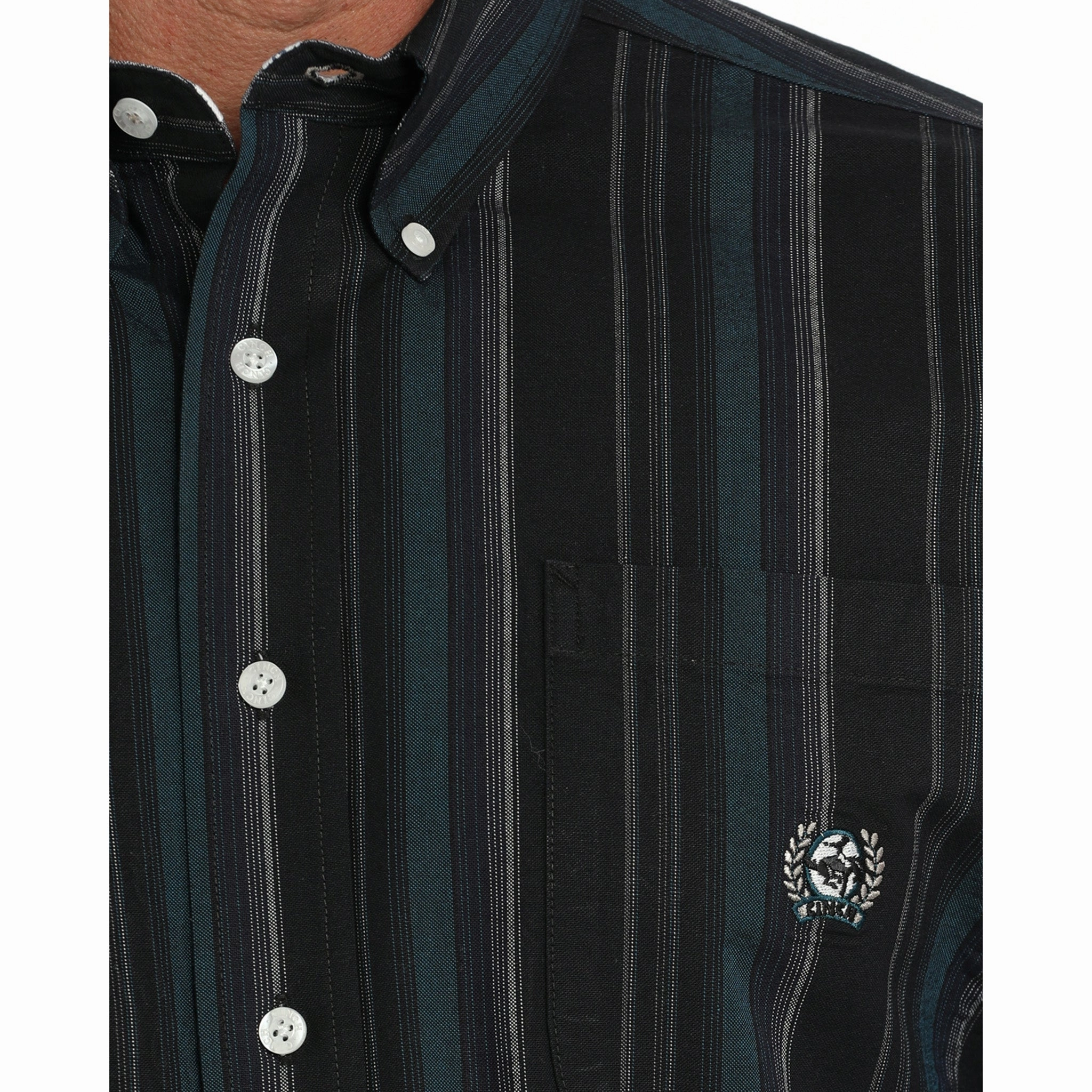Street Wear Easy Fit Cinch Men's Black & Blue Oxford Stripe Button Down Shirt