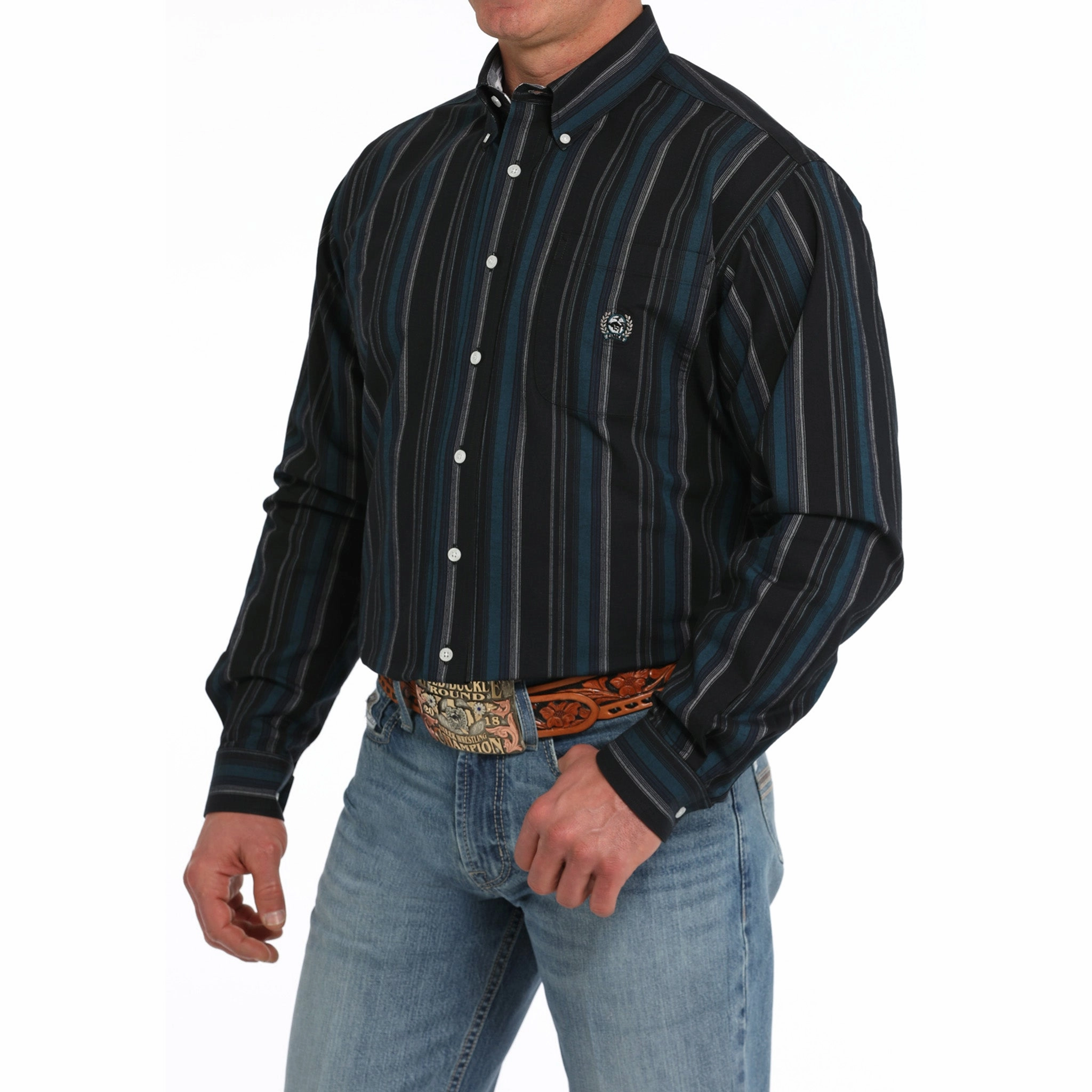 Soft Texture Cinch Men's Black & Blue Oxford Stripe Button Down Shirt