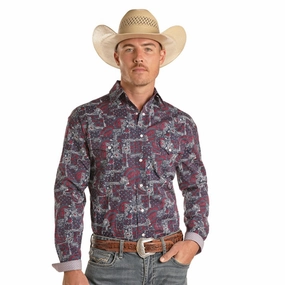 Multi Functional Pockets Practical Choice Rock & Roll Cowboy Men's Navy Paisley Shirt