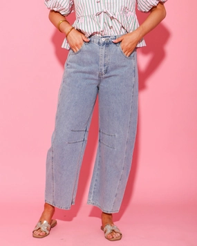 Modern Shopping Day Light Wash Denim High Waisted Barrel Jeans