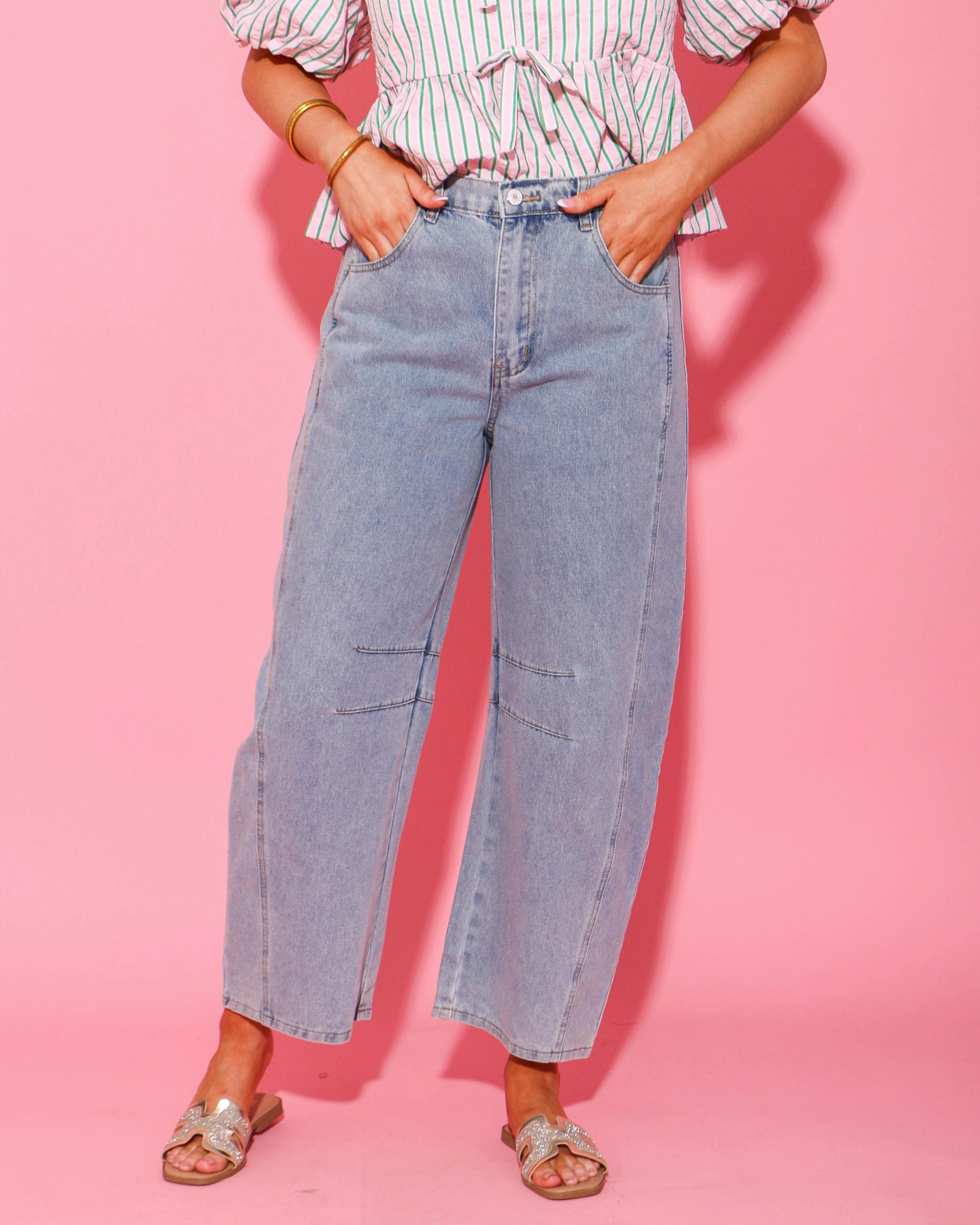 Modern Shopping Day Light Wash Denim High Waisted Barrel Jeans