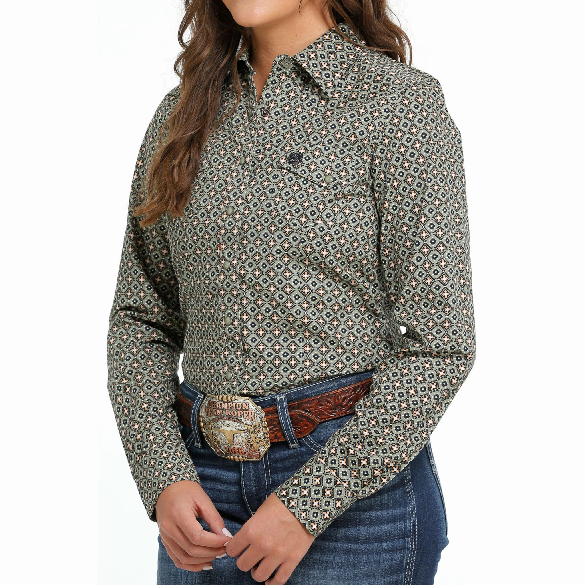 Cinch Women's Olive Print Shirt DoubleStitched Adjustable Hemline