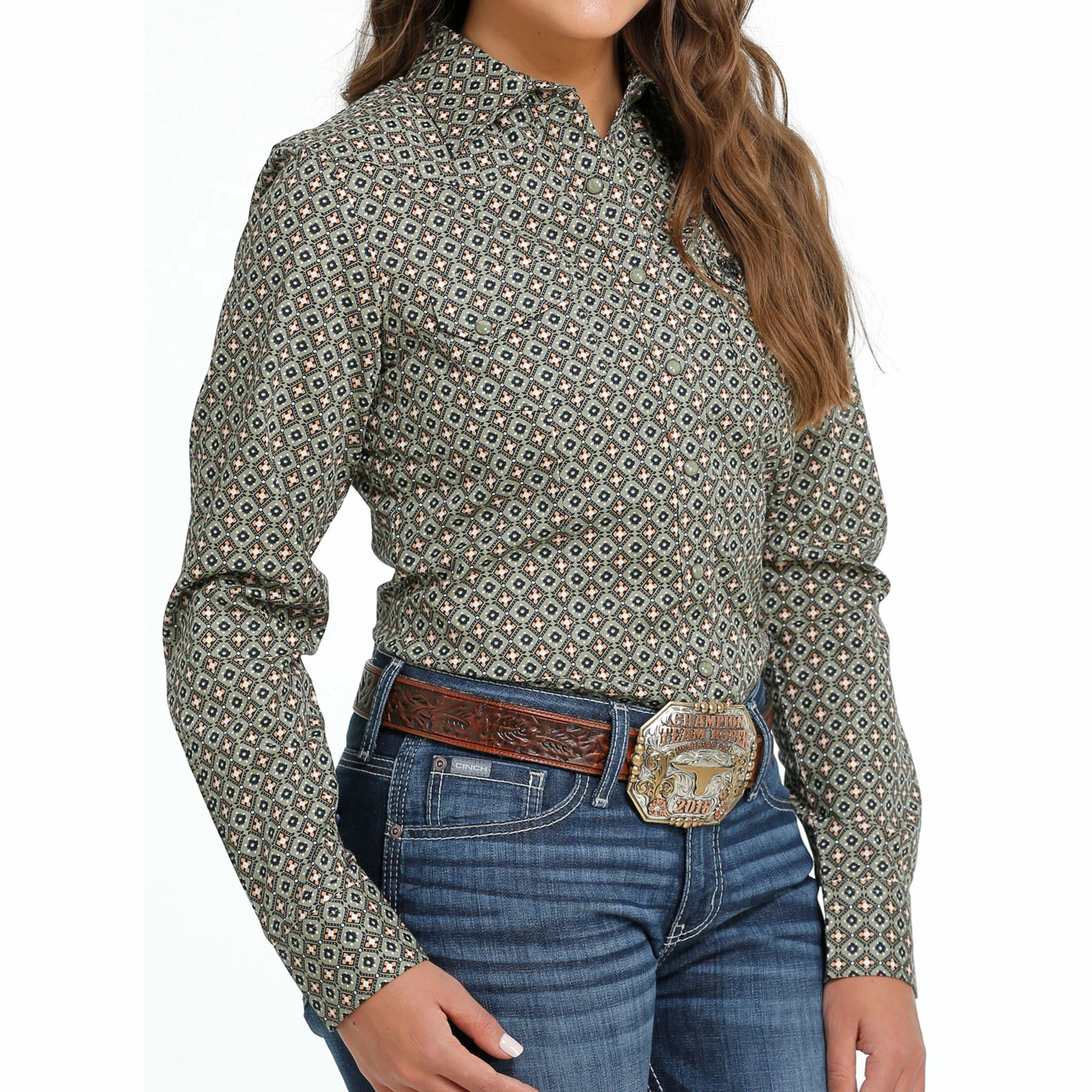 Ribbed Knit Fabric Cinch Women's Olive Print Shirt