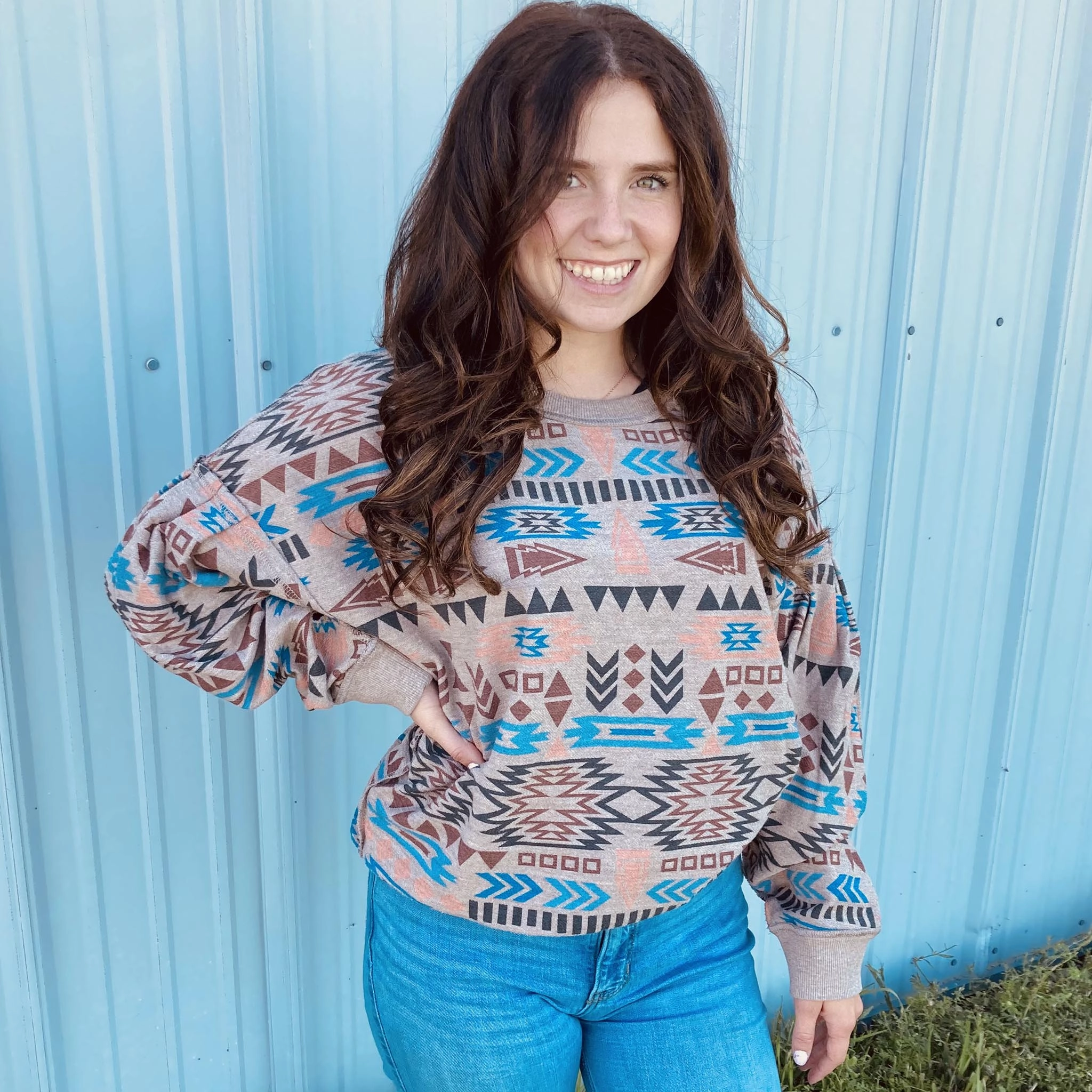 Ariat Women's Natural Aztec Vista Sweatshirt MultiPocket Design Raw Edge Finish