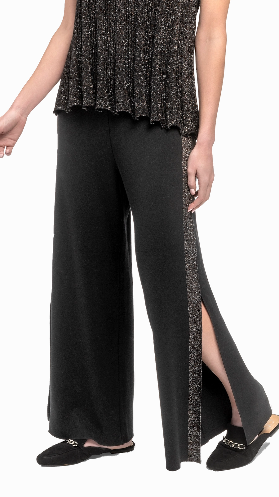SnagFreeFabric Breathable Comfort Design Tracey Wide Leg Milano-knit Pants with Shimmery Side Stripe and a Slit; Black/Black Shimmer