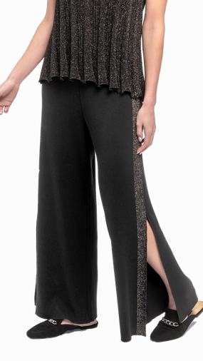 SnagFreeFabric Breathable Comfort Design Tracey Wide Leg Milano-knit Pants with Shimmery Side Stripe and a Slit; Black/Black Shimmer