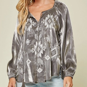 Andree Women's Charcoal Aztec Tone Top Interlock Stitch Detail