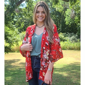 Red Floral Kimono Anti Fade Technology