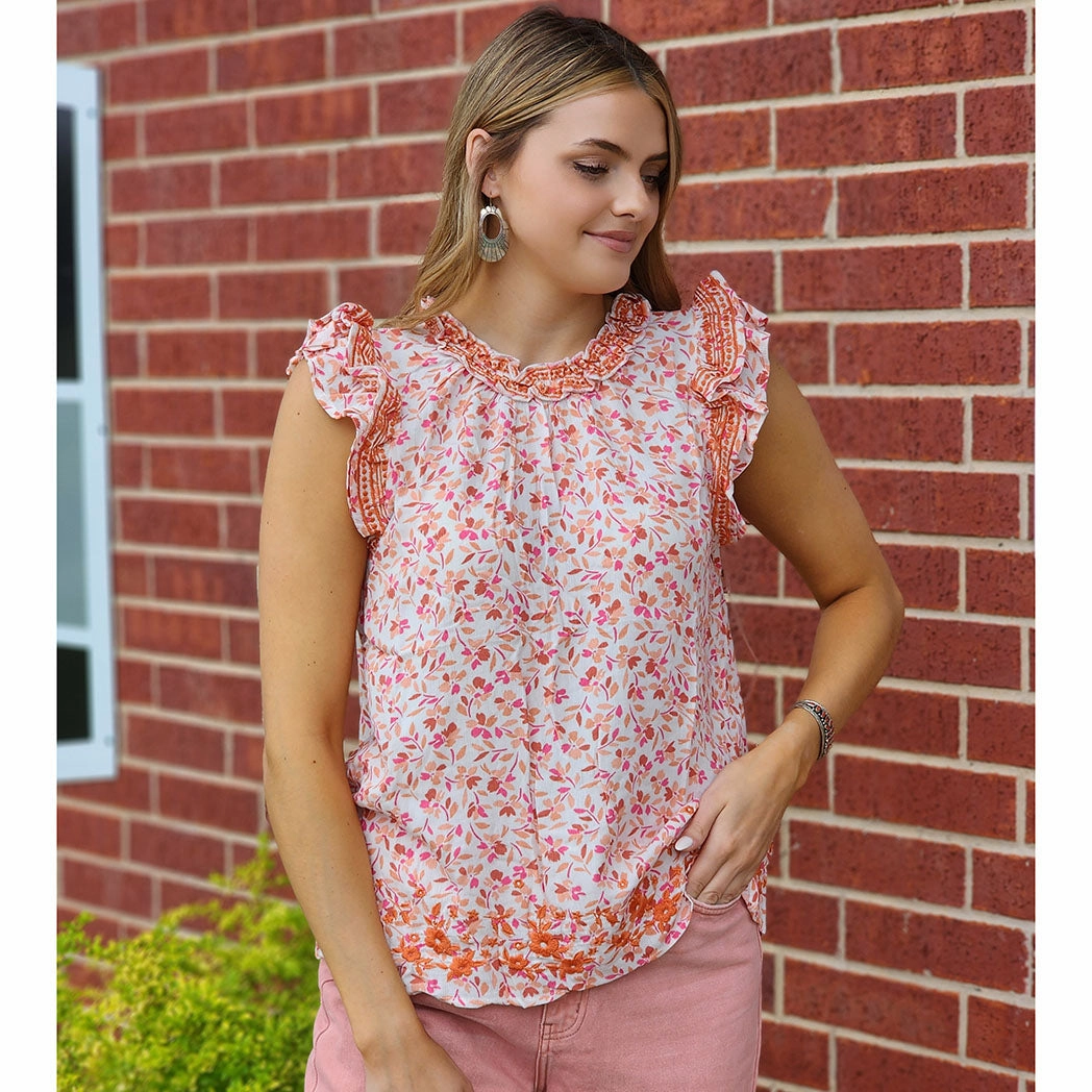 Andree Women's Pink & Orange Ruffle Blouse Ventilated Back Panels Durable Blend