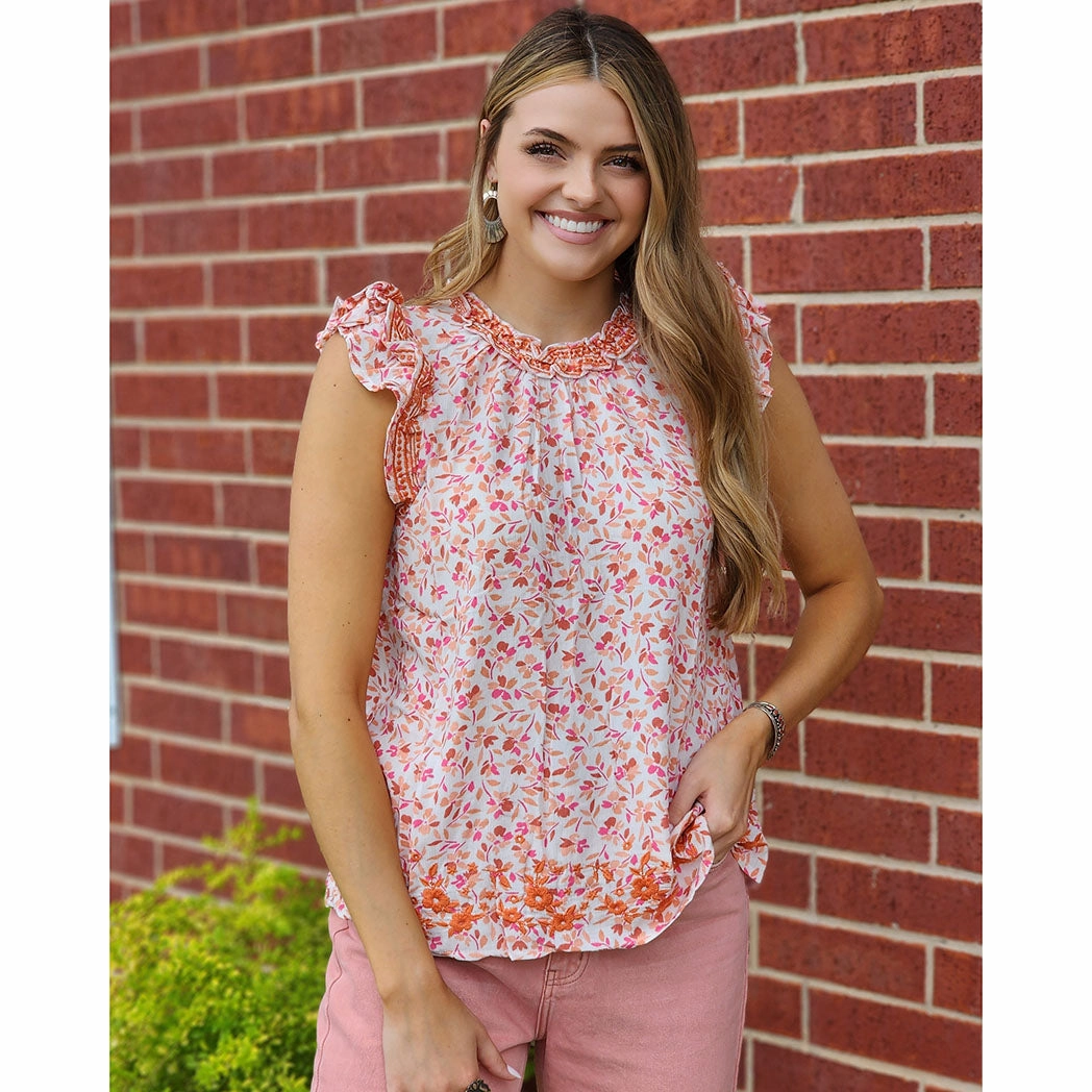 Andree Women's Pink & Orange Ruffle Blouse Multi Directional Mobility