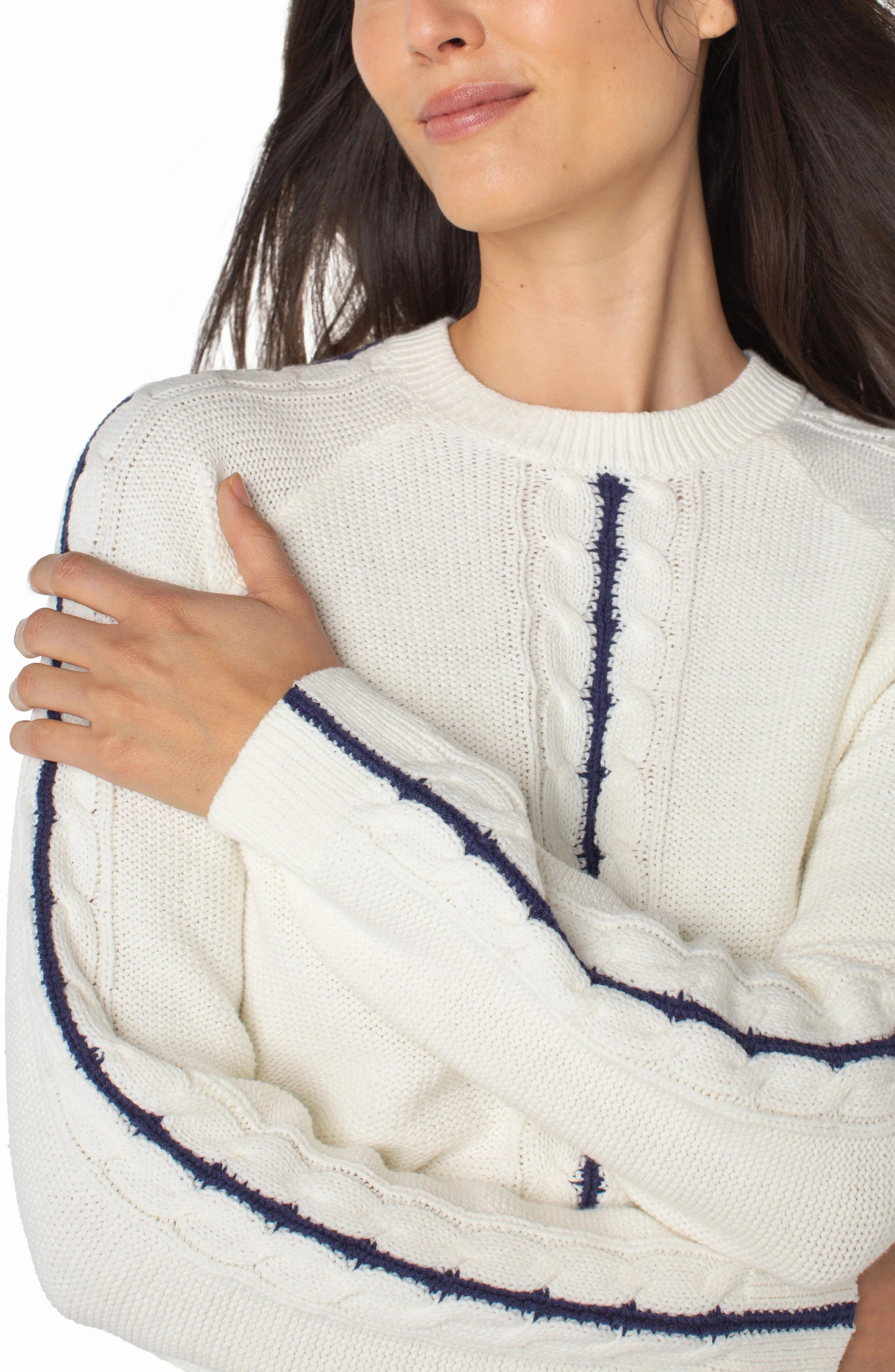 Liverpool Cream & Navy Cable Knit Sweater SubtleTexture