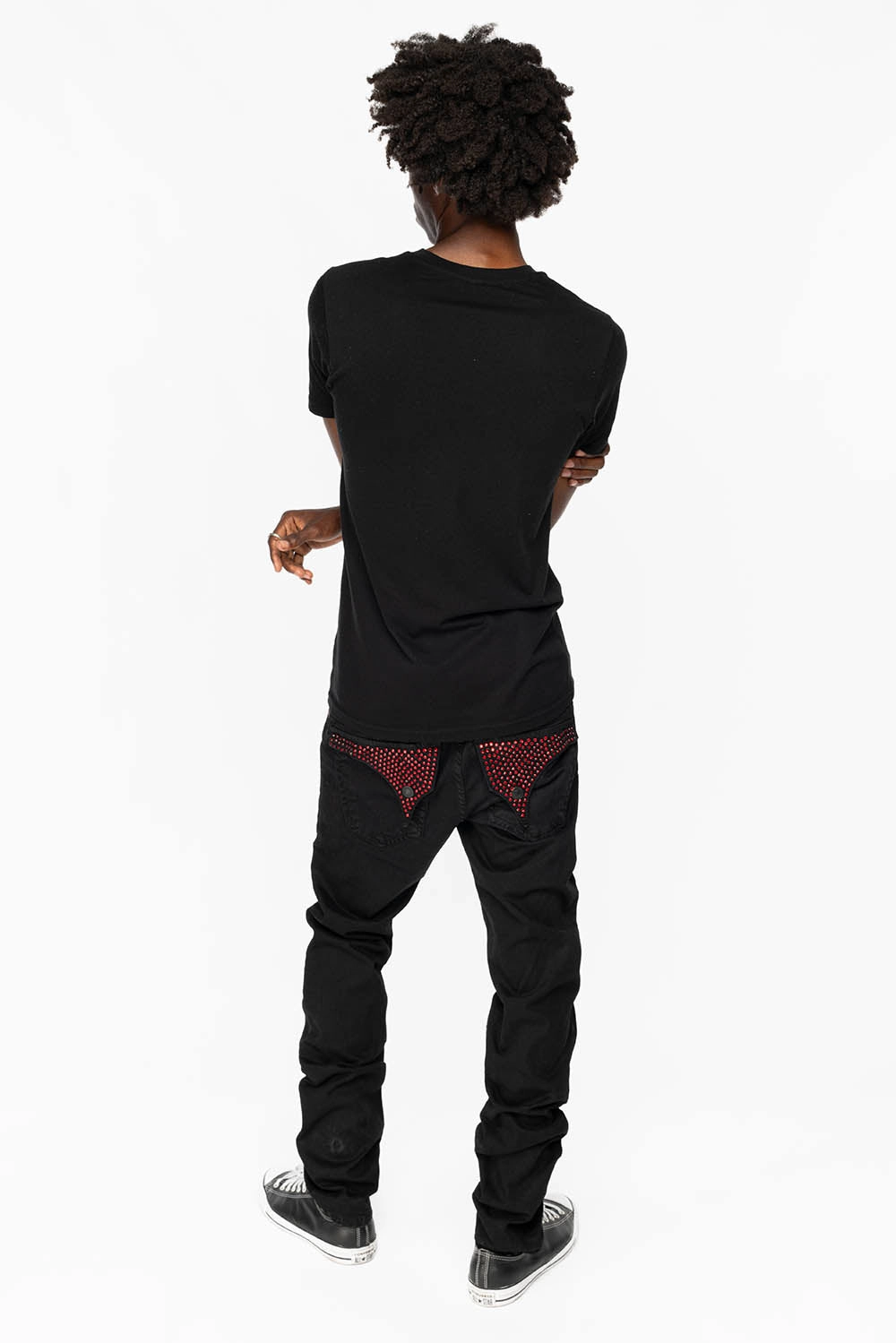 LONG FLAP SLIM FIT MENS JEANS WITH RED CRYSTALS  IN ANTIQUE BLACK Night Out Rainy Day Comfy Waist