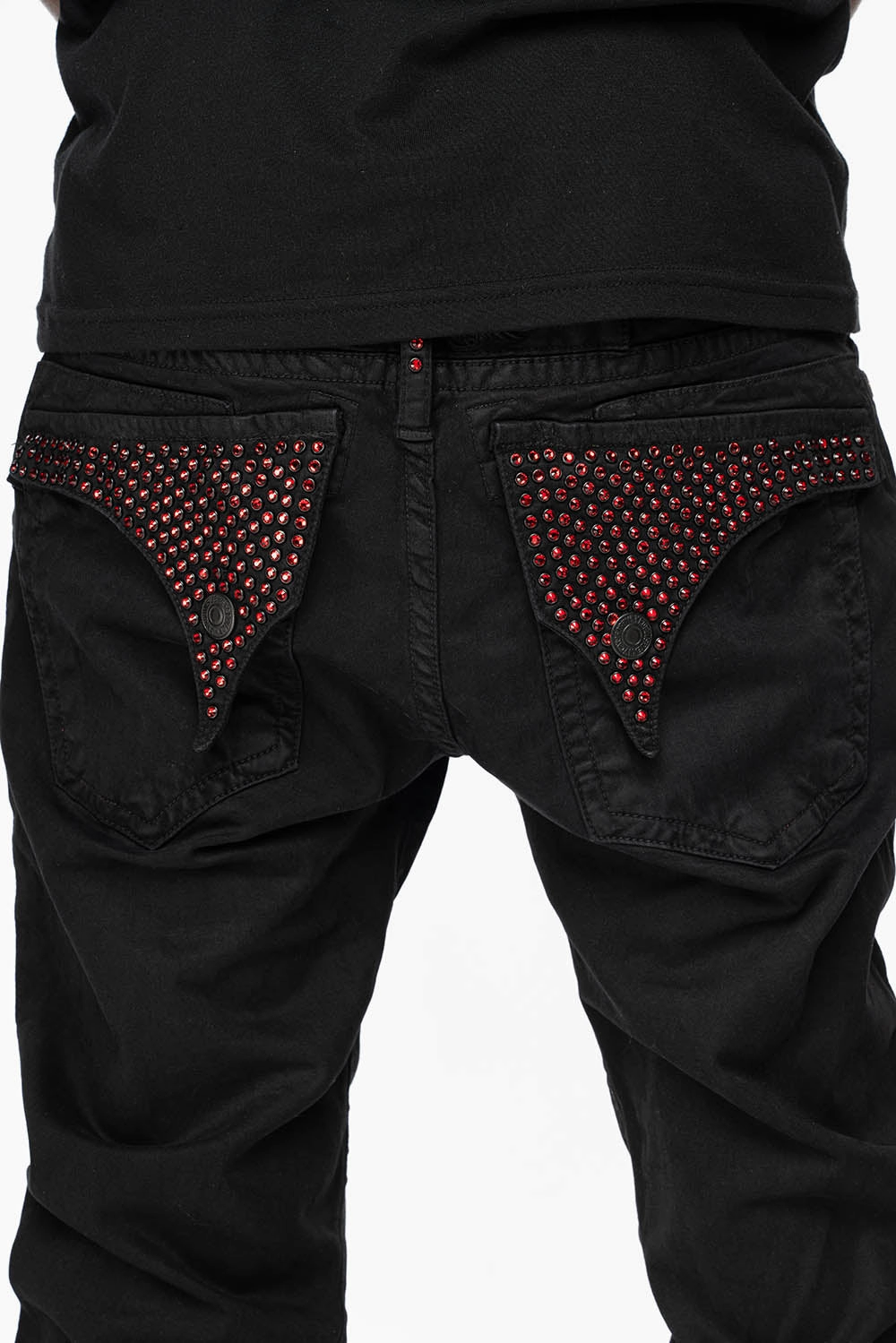 Neutral palette LONG FLAP SLIM FIT MENS JEANS WITH RED CRYSTALS  IN ANTIQUE BLACK