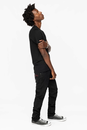 Stretch Fit Denim LONG FLAP SLIM FIT MENS JEANS WITH RED CRYSTALS  IN ANTIQUE BLACK