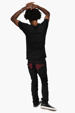 Slim Holiday Vibes Teen Outfit LONG FLAP SLIM FIT MENS JEANS WITH RED CRYSTALS IN OVER-DYE BLACK