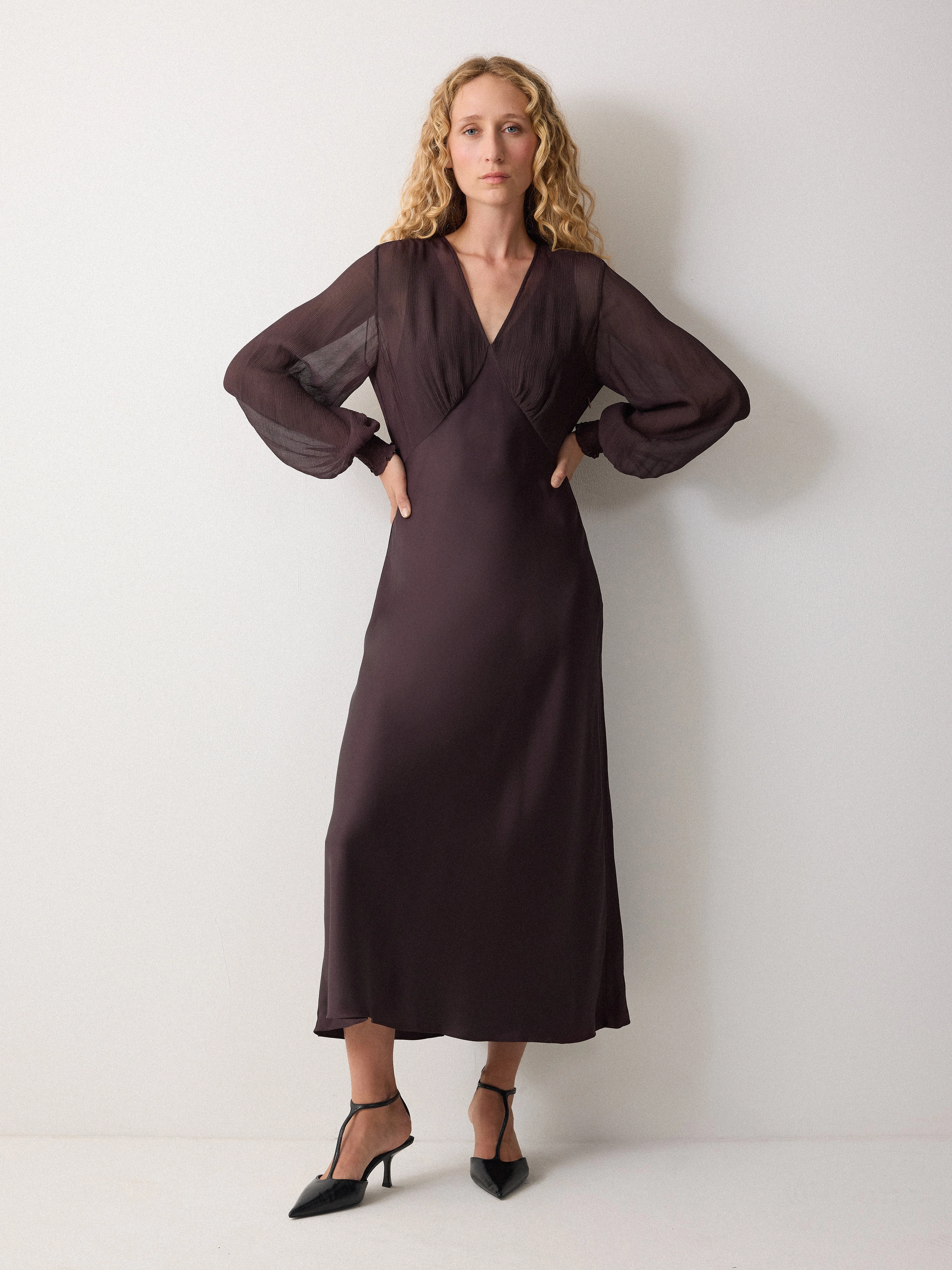 Long Sleeve Bias Dress | Purple Trumpet Shape Signature Line Natural Mood