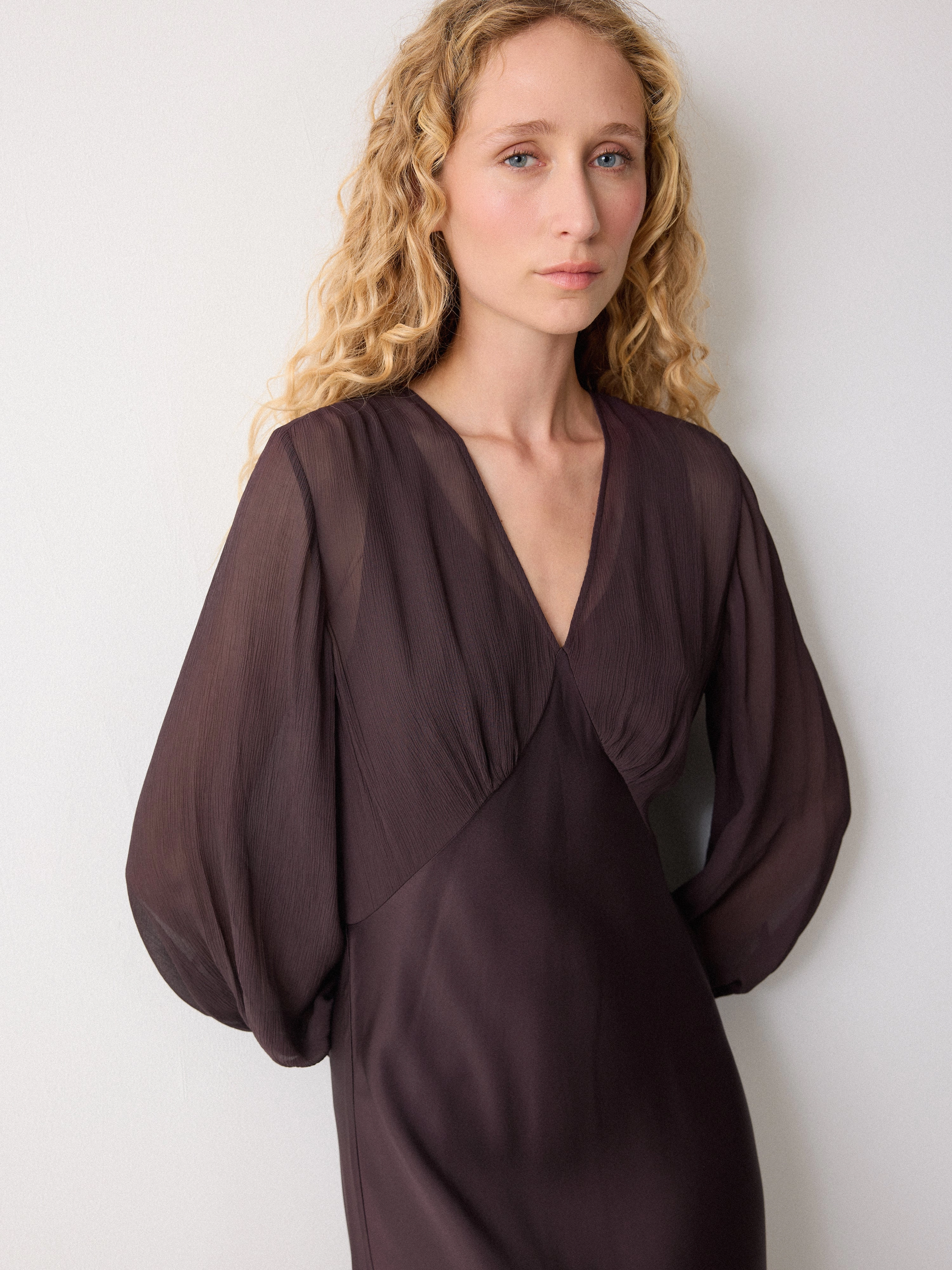 Long Sleeve Bias Dress | Purple Trumpet Shape Gather Details