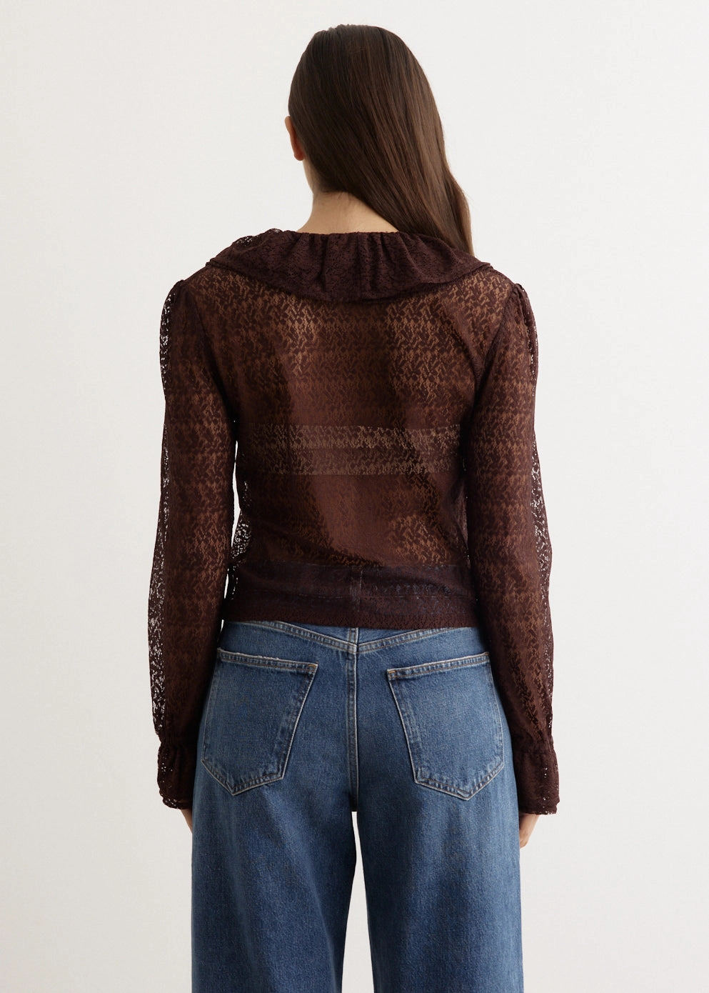 Outerwear Companion Zip Front Lace Flounce Blouse