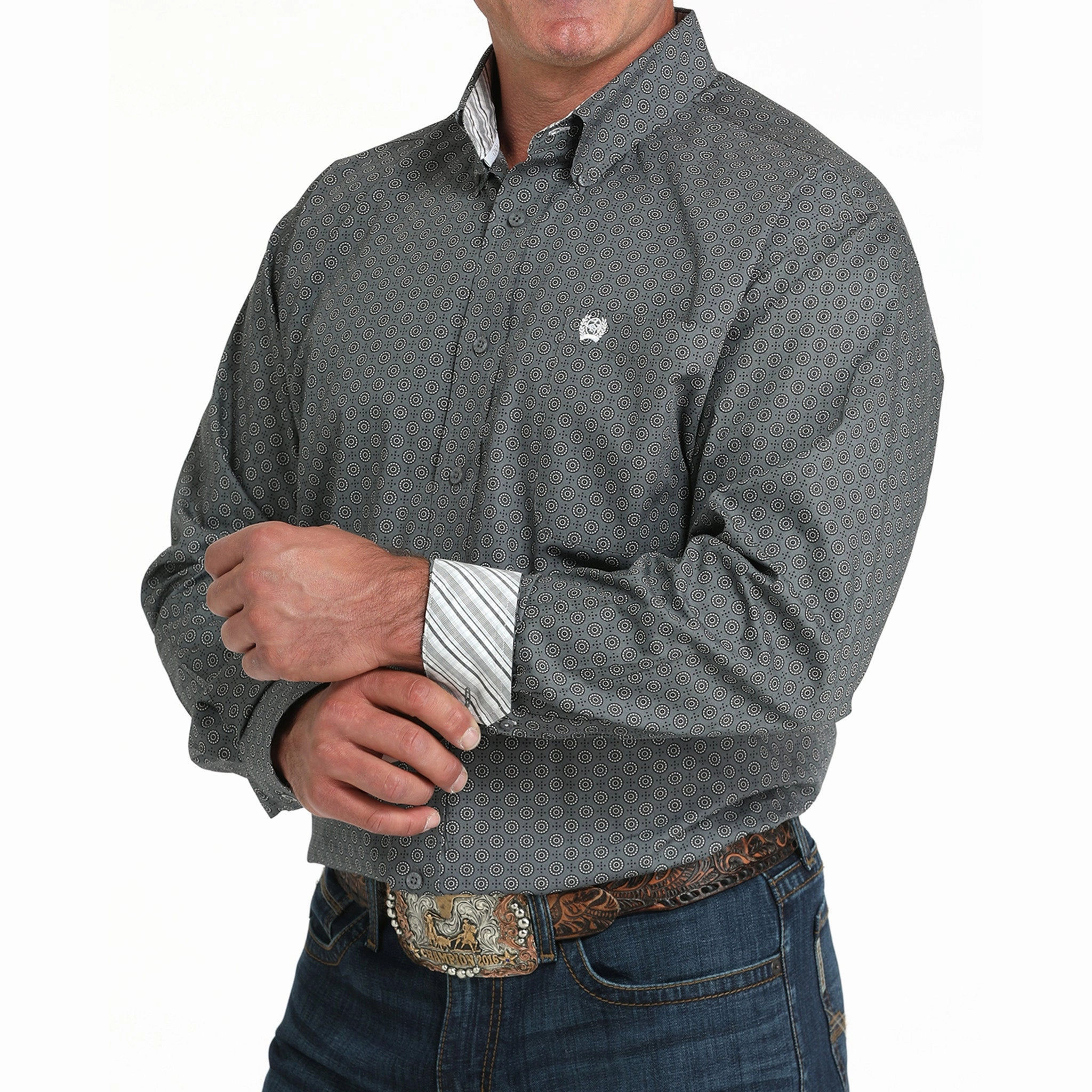 Cinch Men's Charcoal Grey Geometric Print Button Down Beach Ready Tailored Silhouette