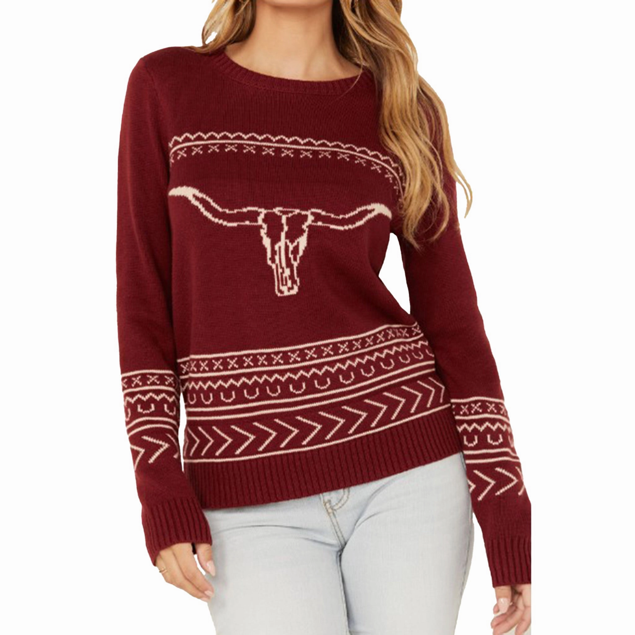Cotton & Rye Women's Wine Longhorn Sweater AdjustableHemCuffs Two Tone Texture Effect