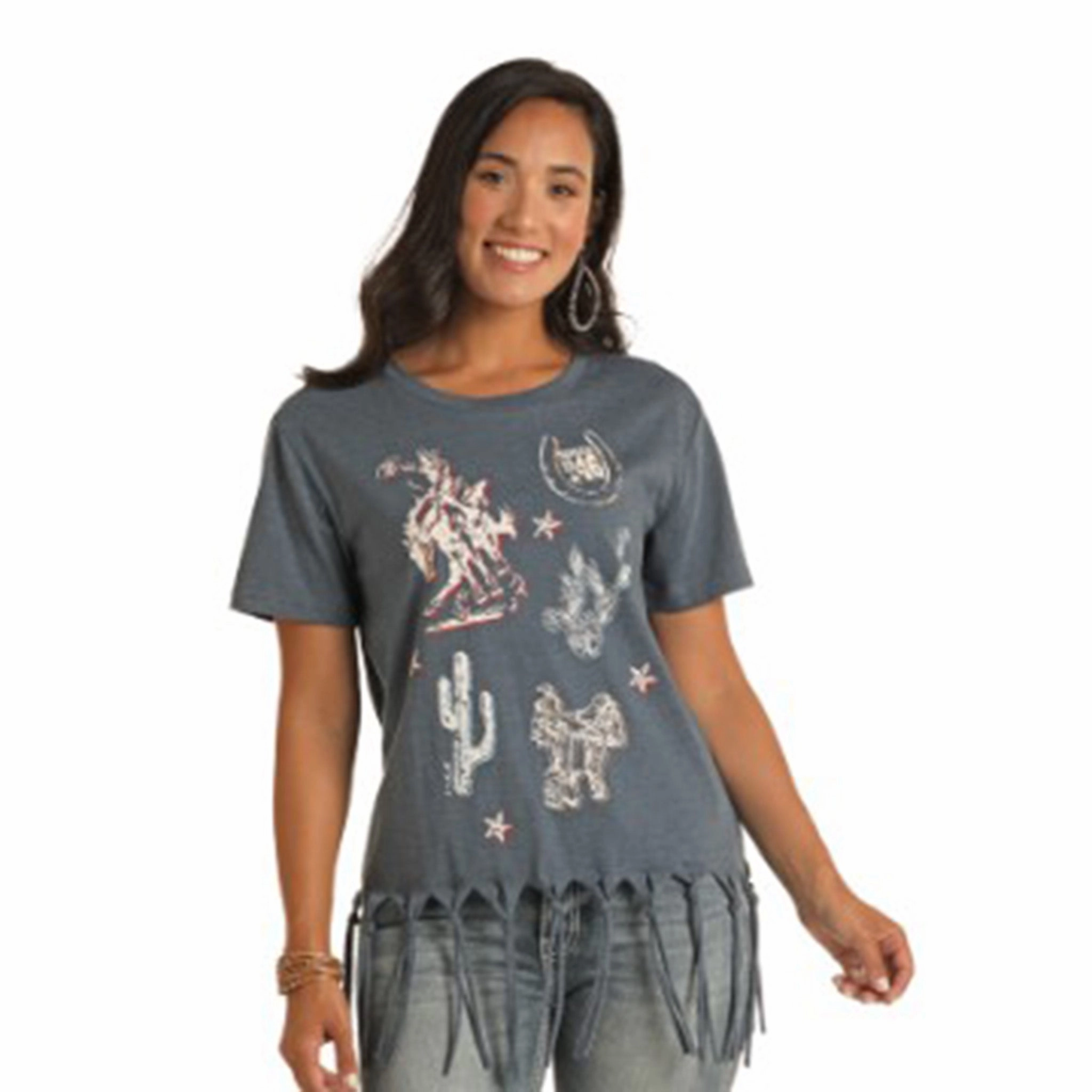 Easy Wear Quick-Dry Rock & Roll Women's Navy Tie Fringe Tee