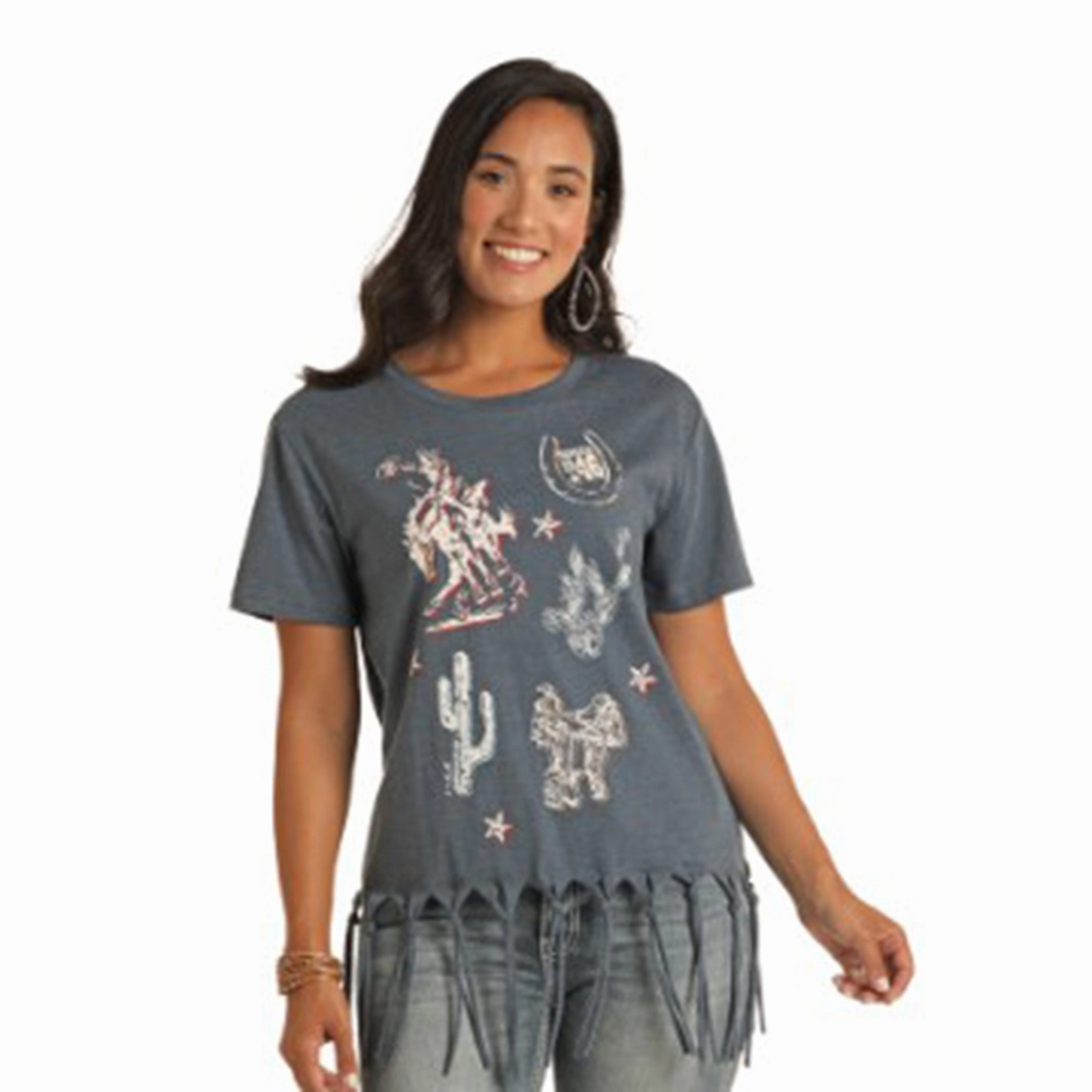 Rock & Roll Women's Navy Tie Fringe Tee BreathableMaterial