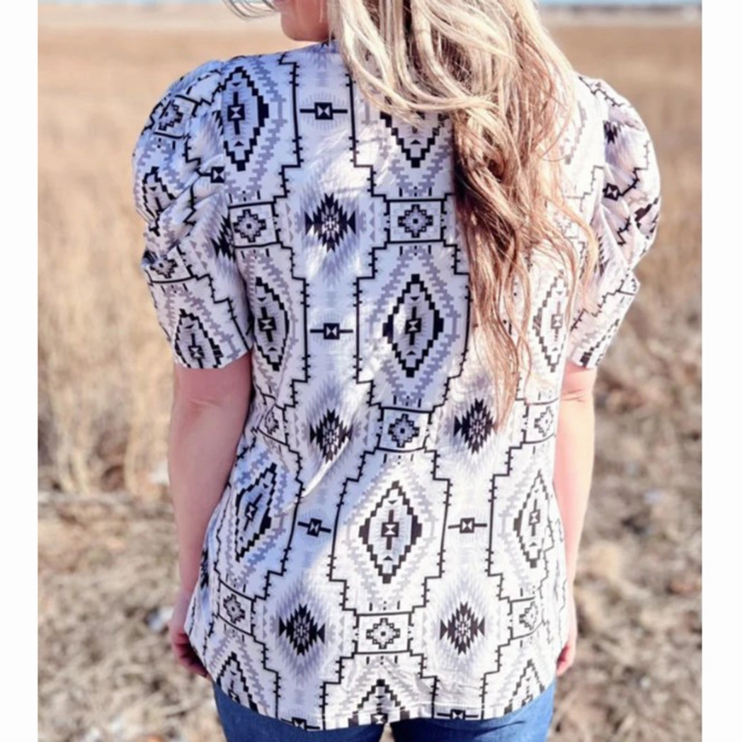 MinimalistStyle Women's White & Grey Aztec Puff Sleeve Short Sleeve