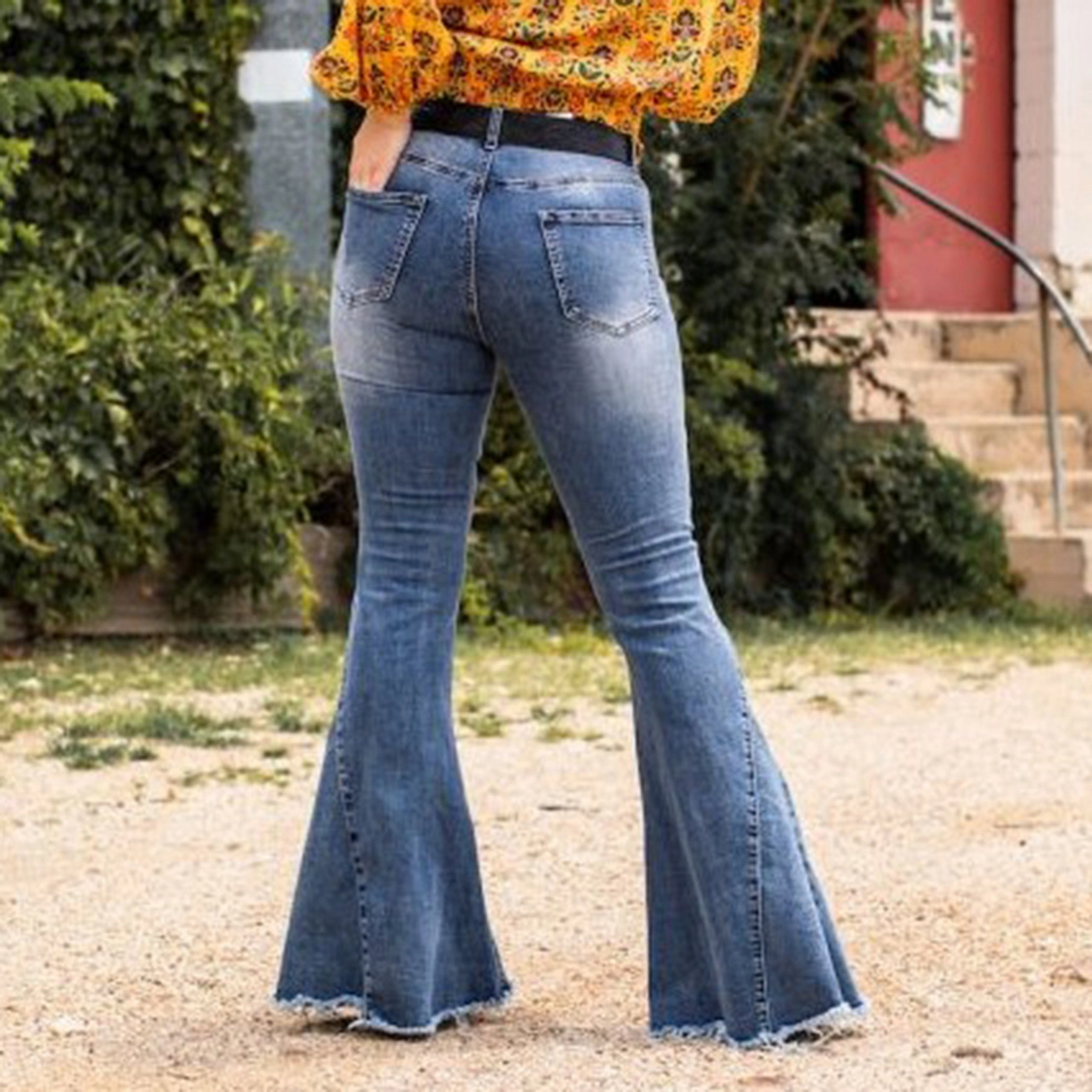 Lucky & Blessed Stone Wash Raw Hem Bell Bottom Jeans Fashion Focus