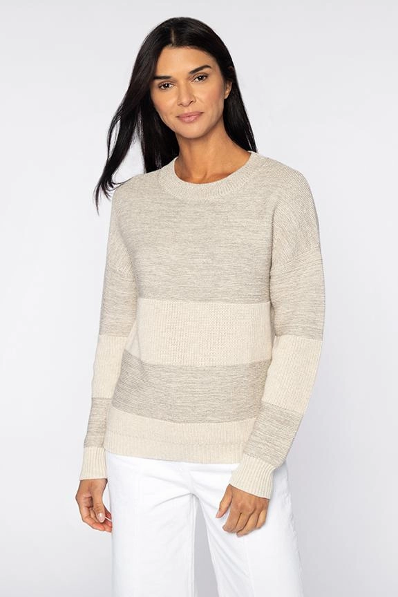Non Restrictive Armhole No Ride Up Lurex Stripe Crew Sweater